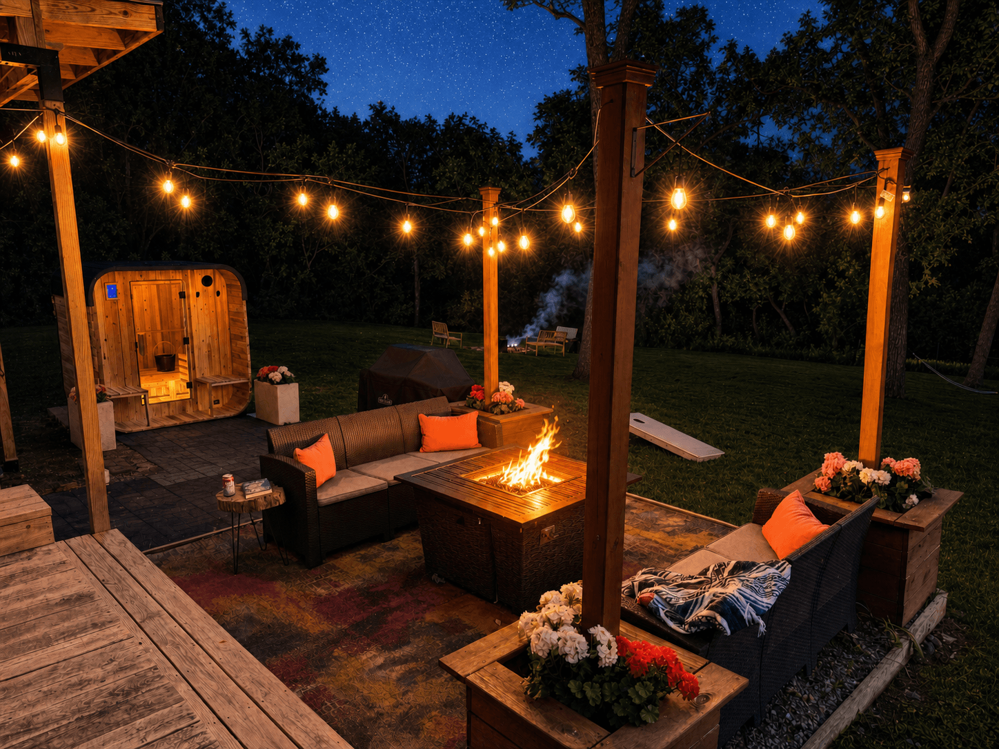 Cafe lights, crackling fire, and a starry Illinois sky — evenings here are made for slowing down.