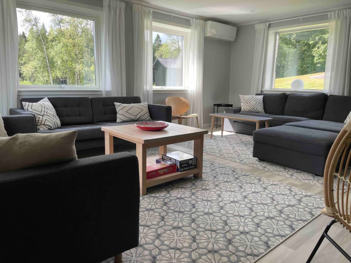 Lounge room with comfortable couches in lakefront building