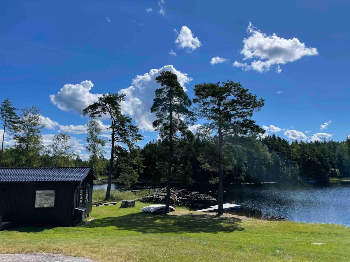 Lakefront building and beach area