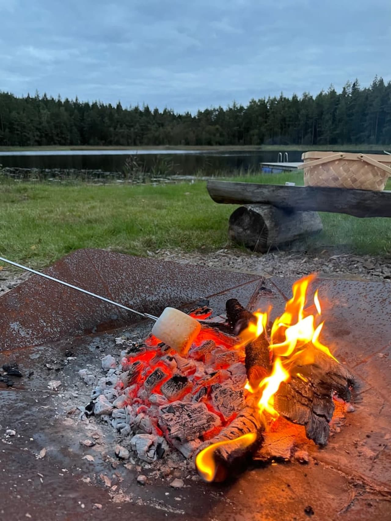 Fire pit by the lake. Grill your food over open flame.