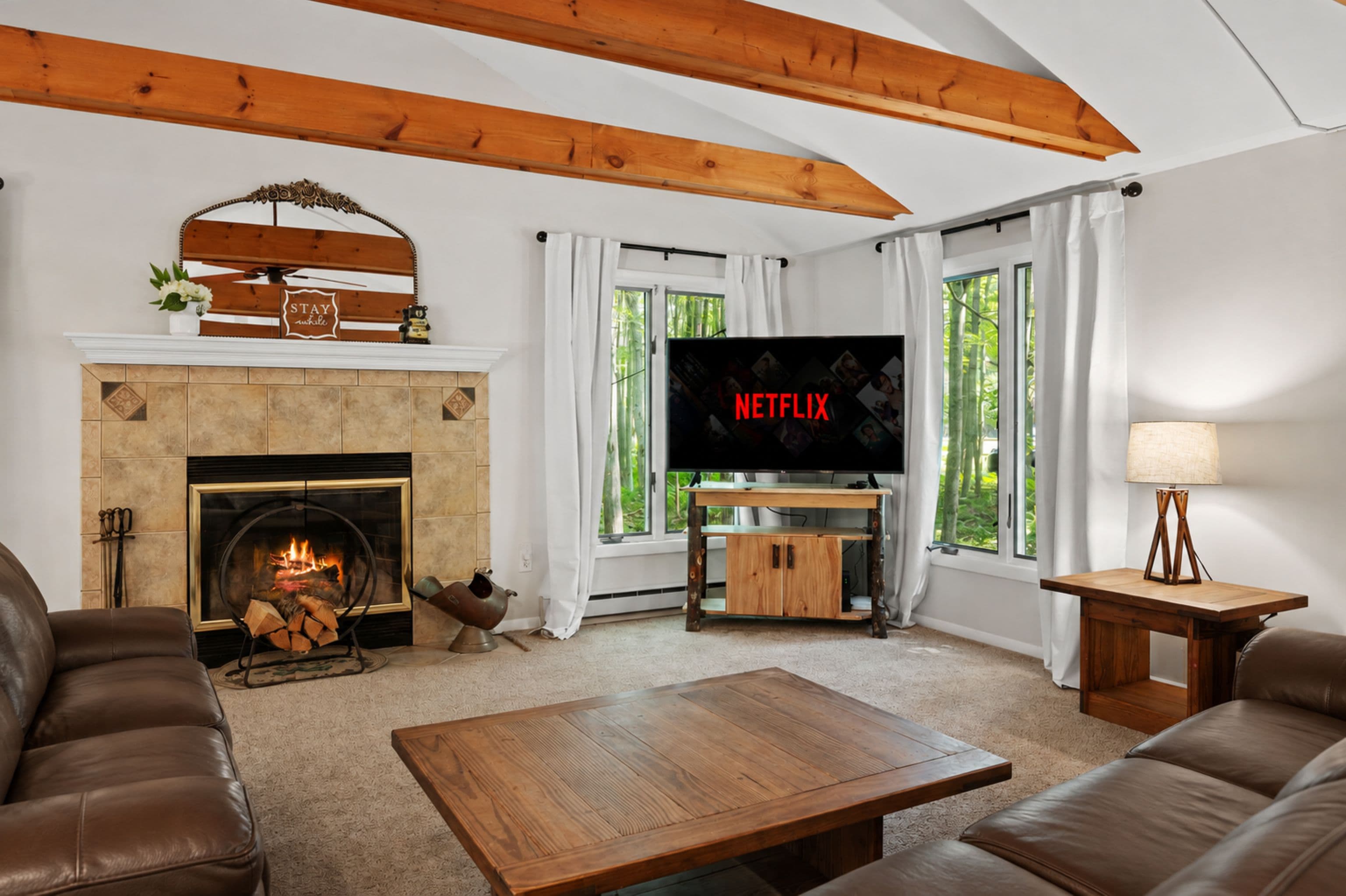 Living room with comfy seating, fireplace and TV