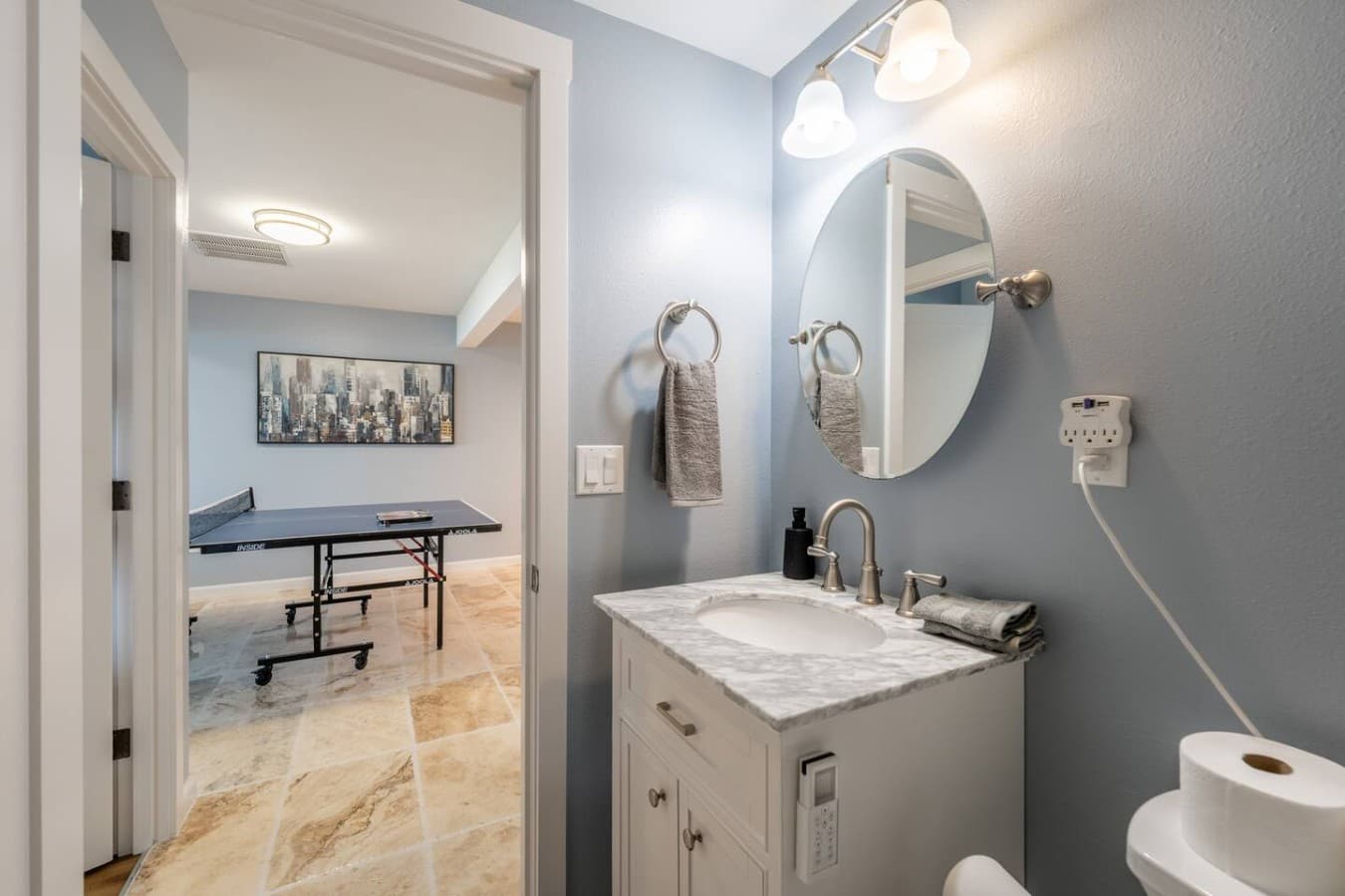 A crisp, comfortable bathroom with everything you need to get ready for the day
