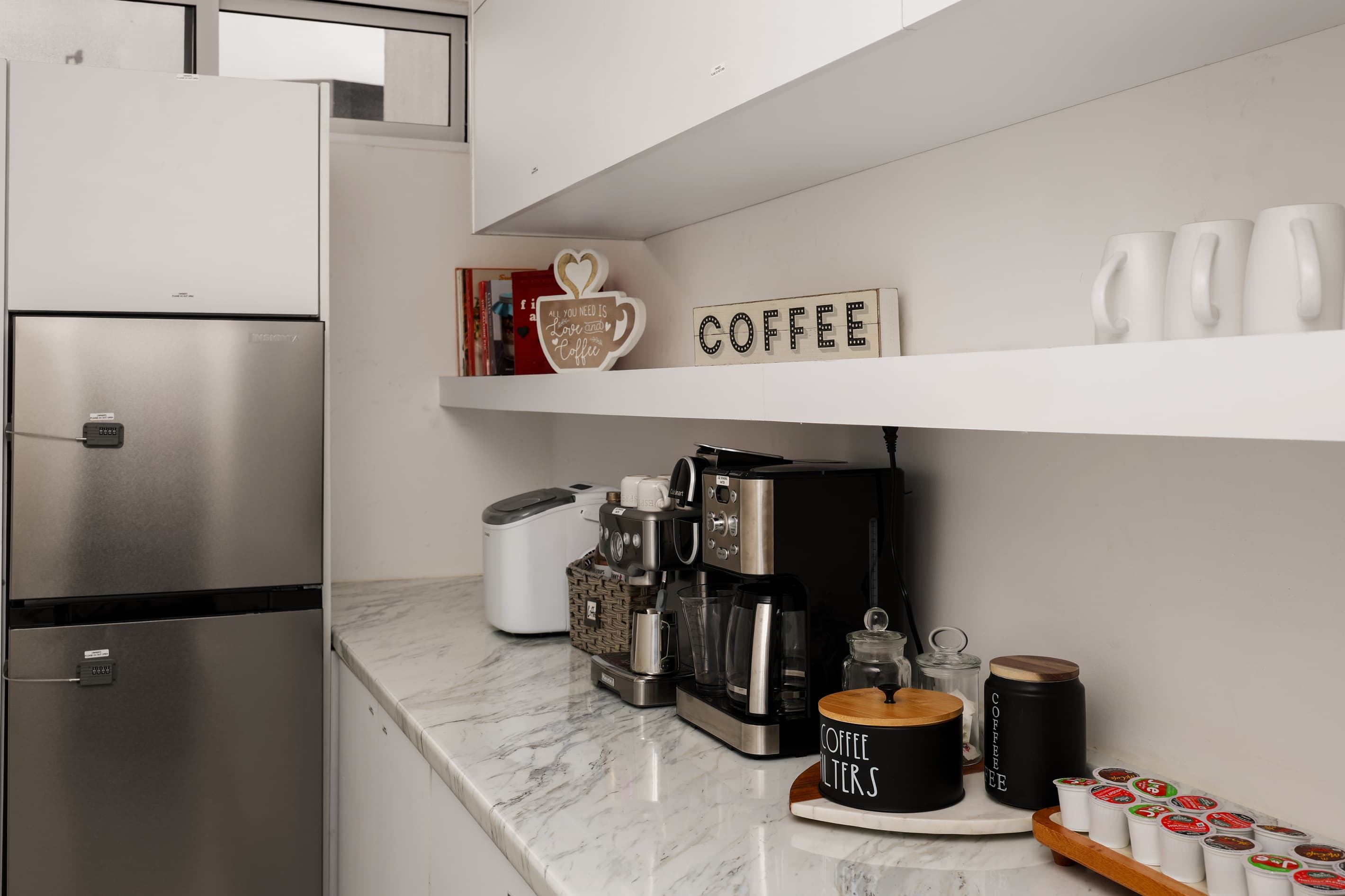 Dedicated coffee bar with everything you need to start your morning in the Pantry