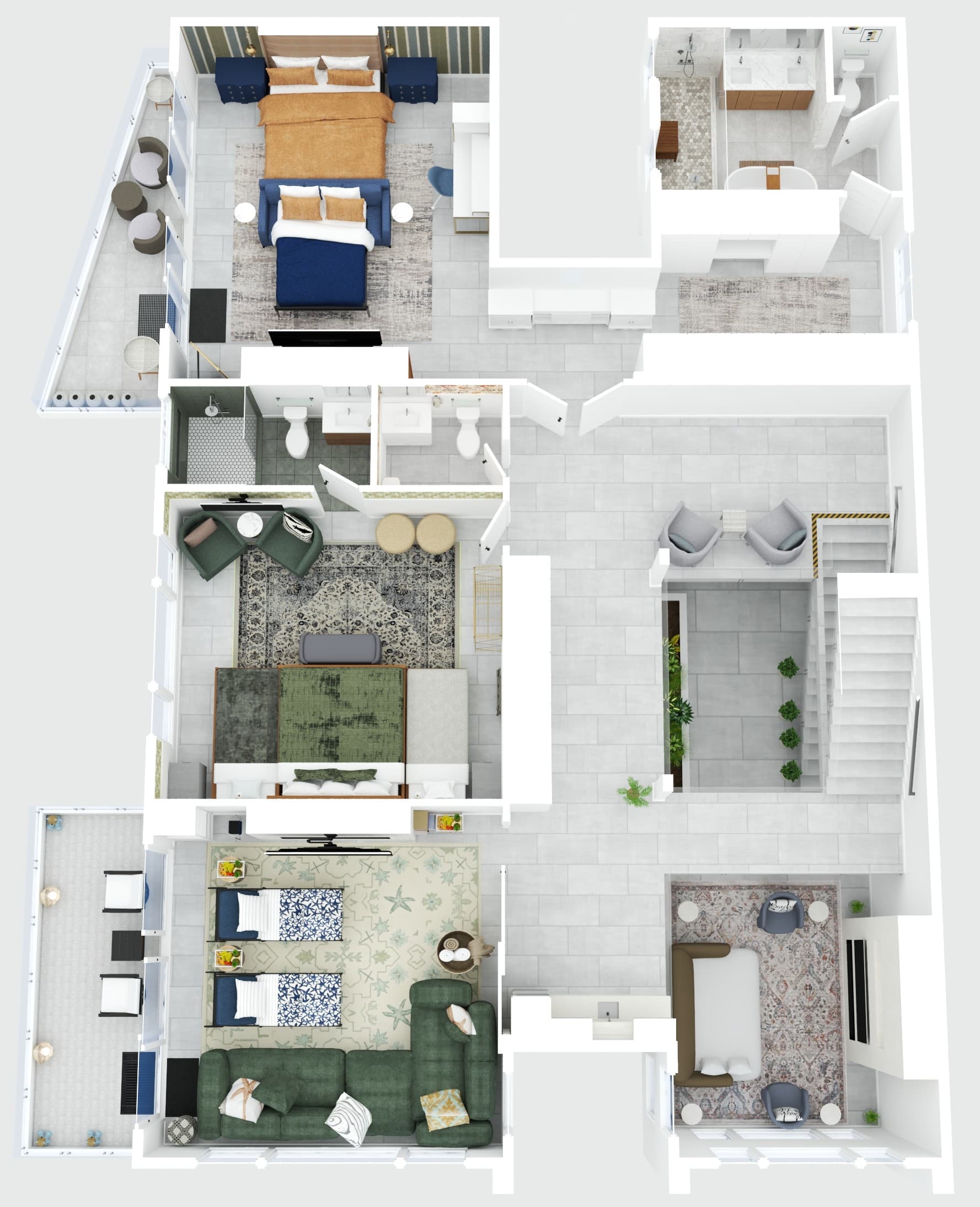 The second floor has the split-King primary bedroom with ensuite bathroom and private balcony, a King bedroom with ensuite bathroom, and the movie room with private balcony and minibar, which converts to a bedroom (with two twin beds and sliding door)