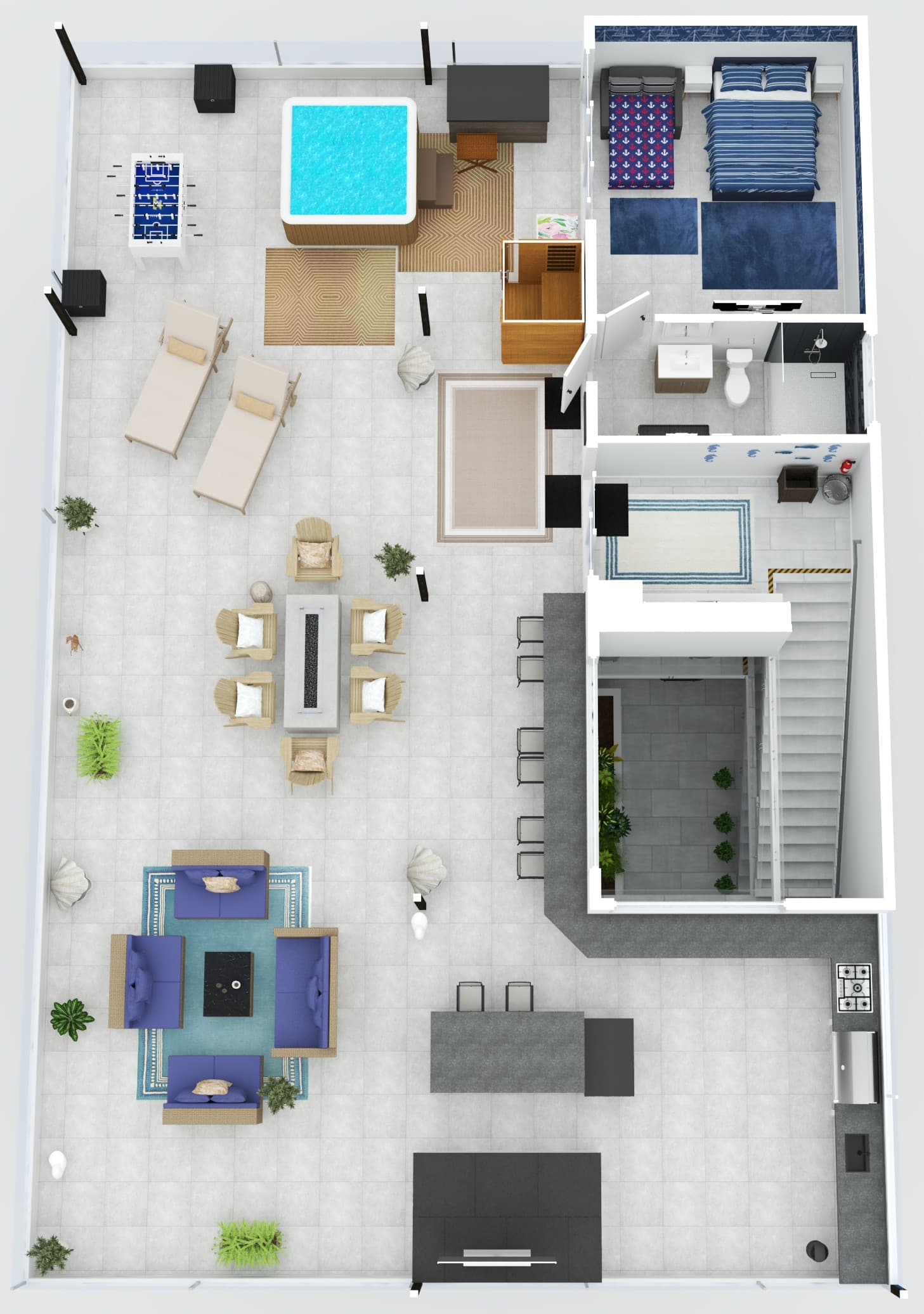 The third floor rooftop deck has a minibar, Queen bedroom with ensuite bathroom, hot tub, infrared sauna, foosball table, sun loungers, firepit, outdoor kitchen with grill, and multiple seating areas.