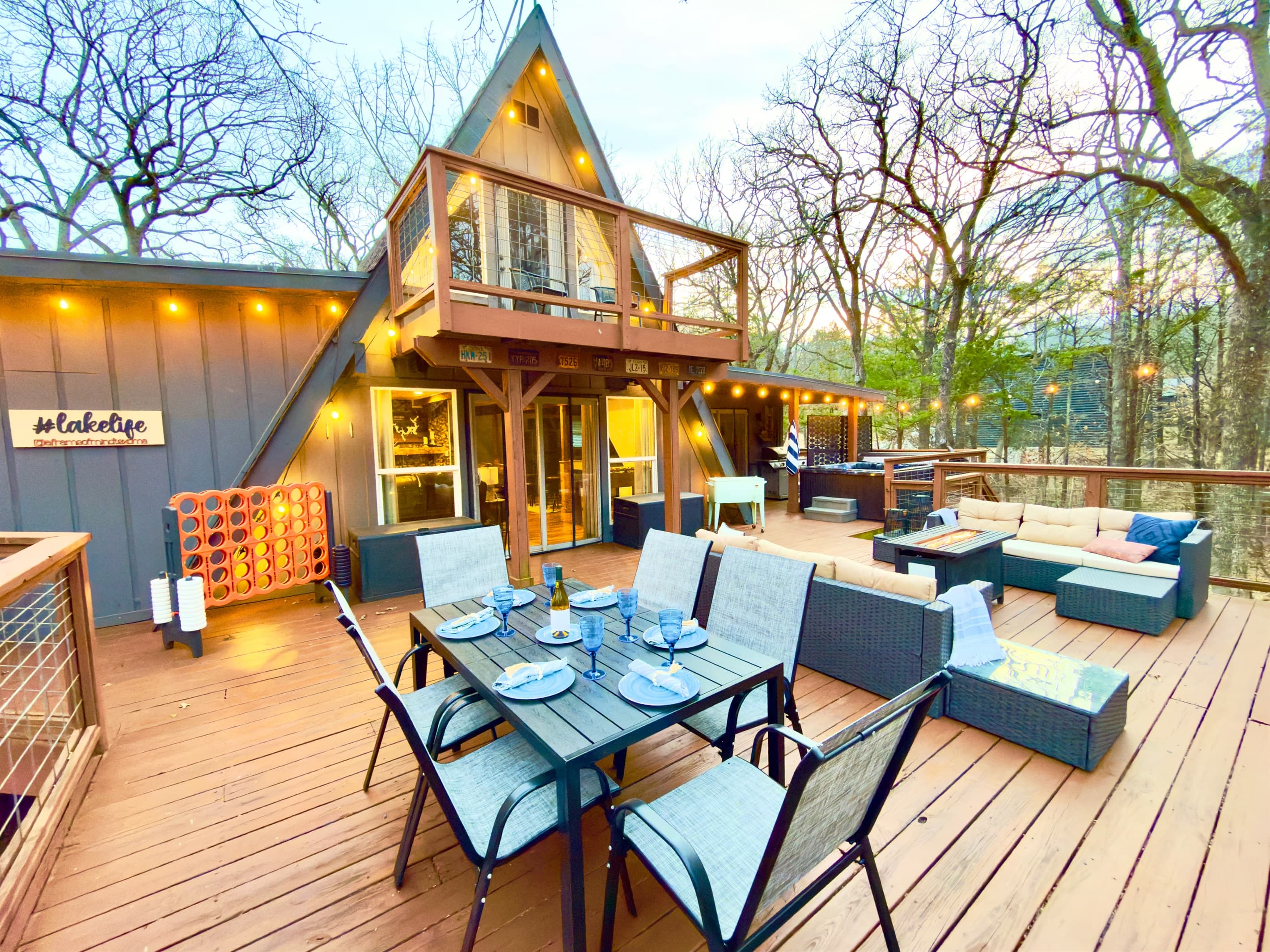 800 sf Deck | Fire table | Outdoor Cooler | Gas Grill (Propane Provided) | Private Hot Tub | Tons of Outdoor Games | Private Wooded Views | String Lights | Outdoor Dining Table for 6