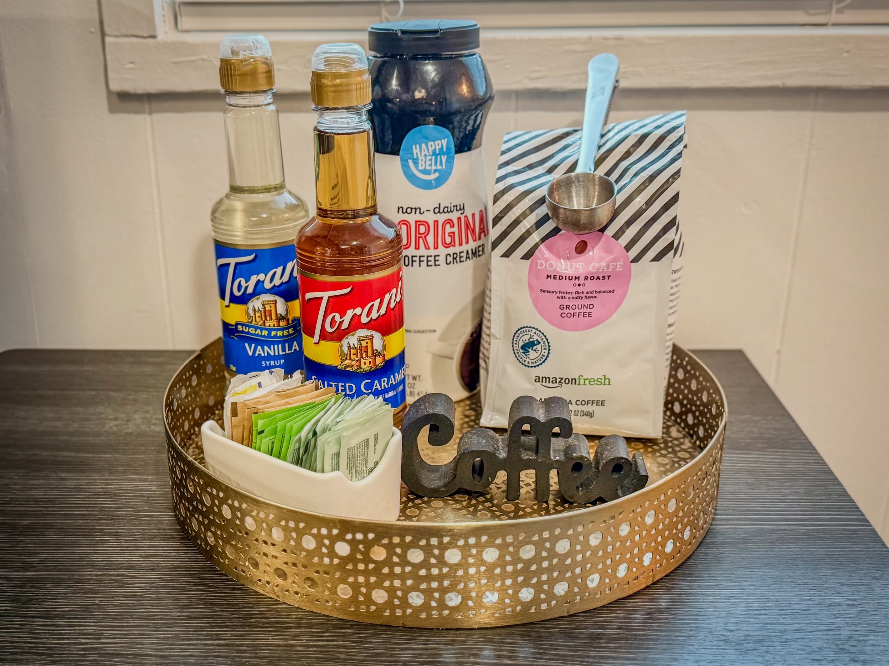 Coffee Bar - 12 cup and Kcup Coffee Maker | Ground Coffee, a few Kcups, Teabags, Syrup, Powdered Creamer, and Sweeteners Provided
