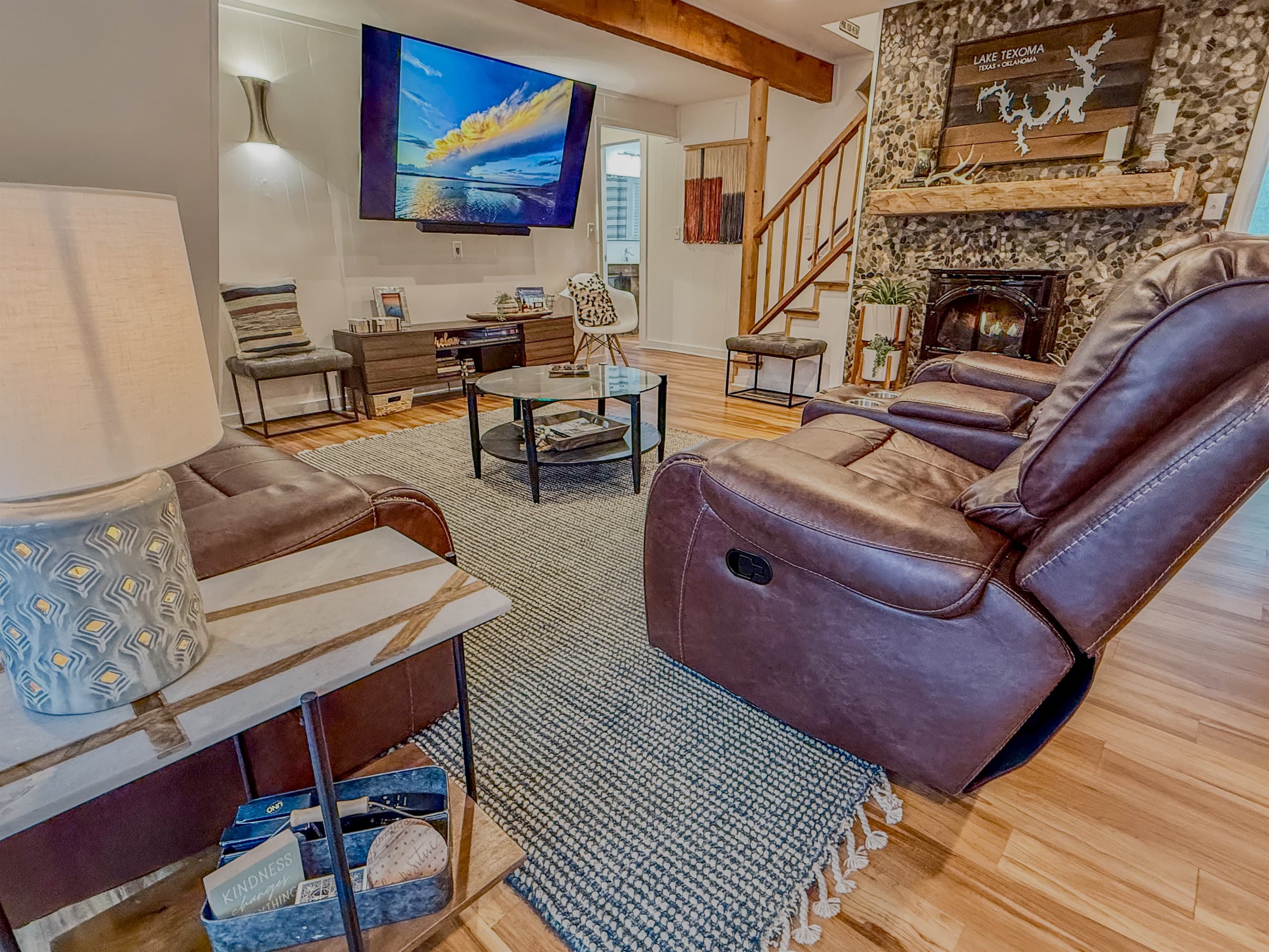 4 Recliners | Foosball Table | 75" Roku TV with Hulu Live TV | Books & Games | Gas Fireplace