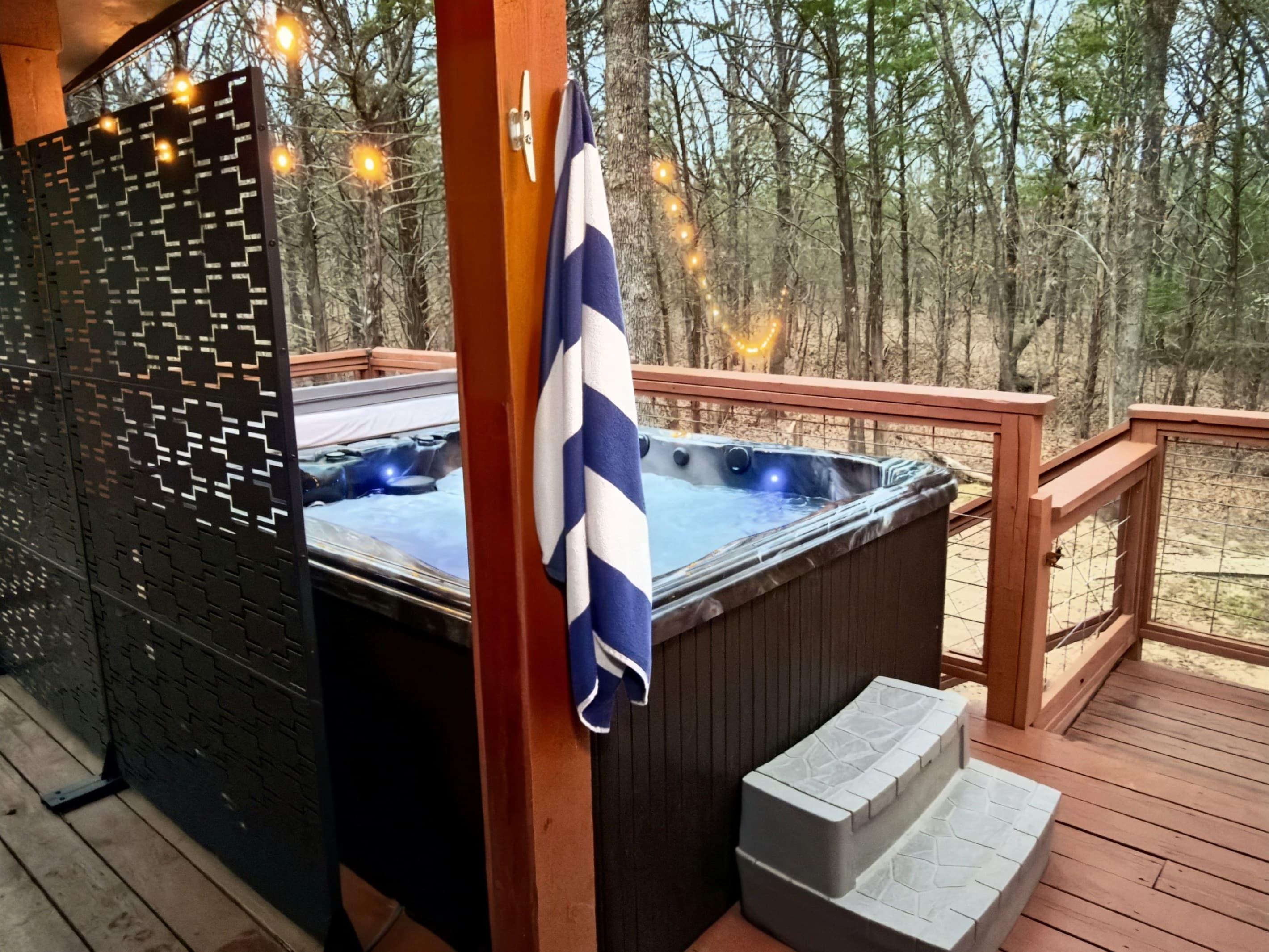 800 sf Deck | Outdoor Cooler | Private Hot Tub for 4 people with Speaker | Private Wooded Views | String Lights