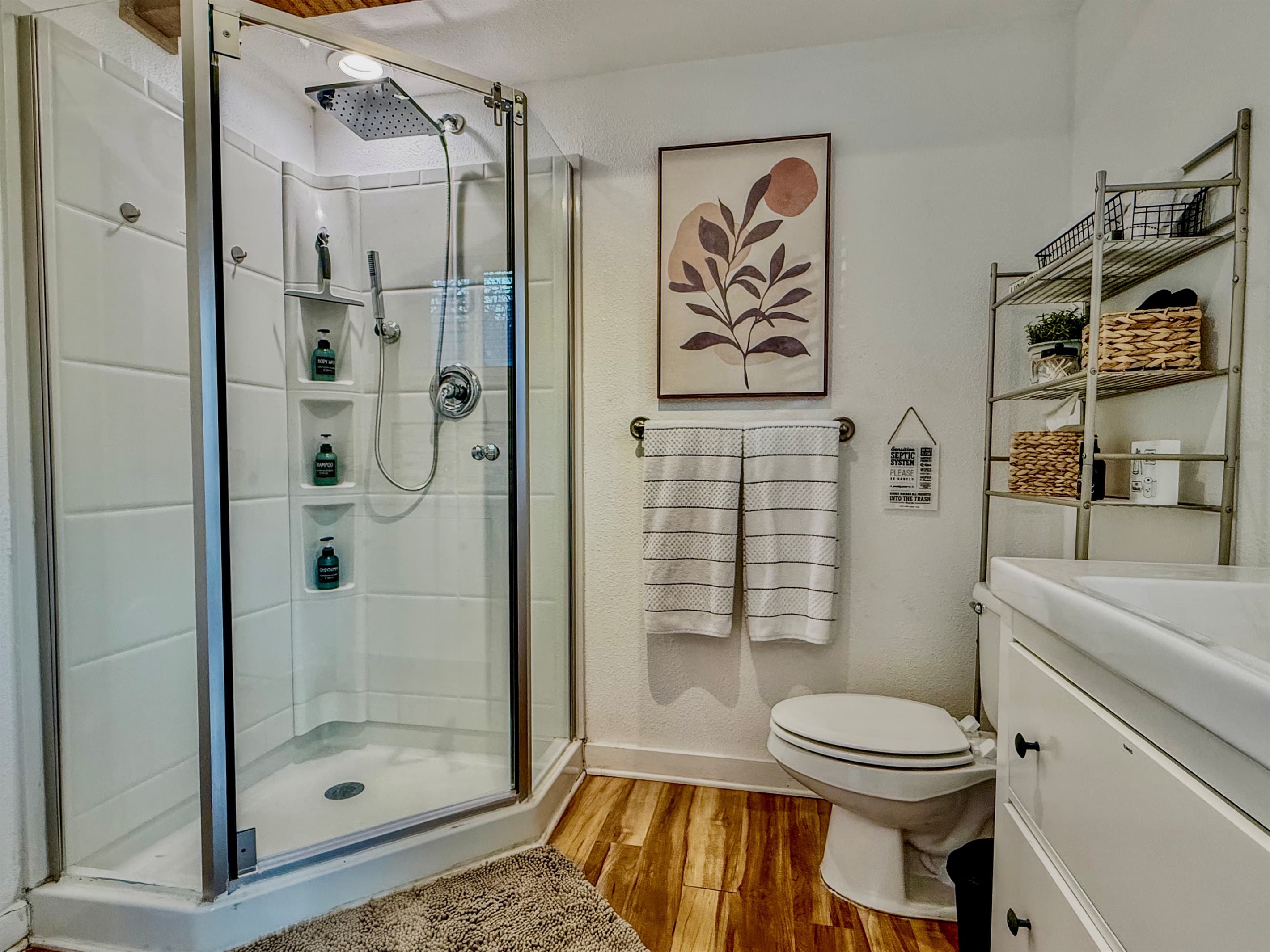 Front Bathroom | Rain Showerhead with Handheld Sprayer | Ginger Lily Farms Botanicals Shampoo, Conditioner, Body Wash, Hand Soap & Lotion Provided