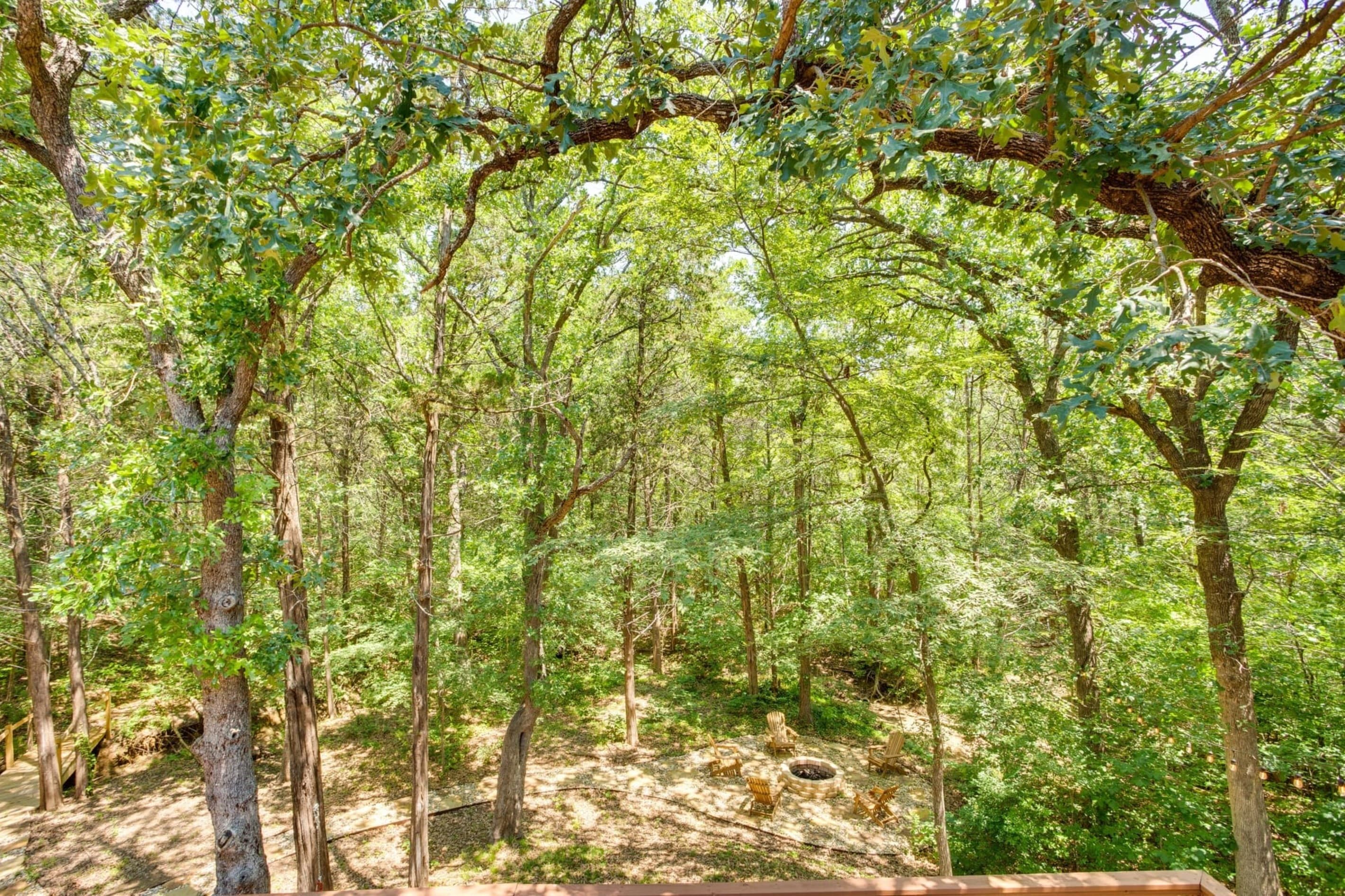 Wooded View from 2nd Floor Private Balcony Overlooking Backyard and Fire Pit