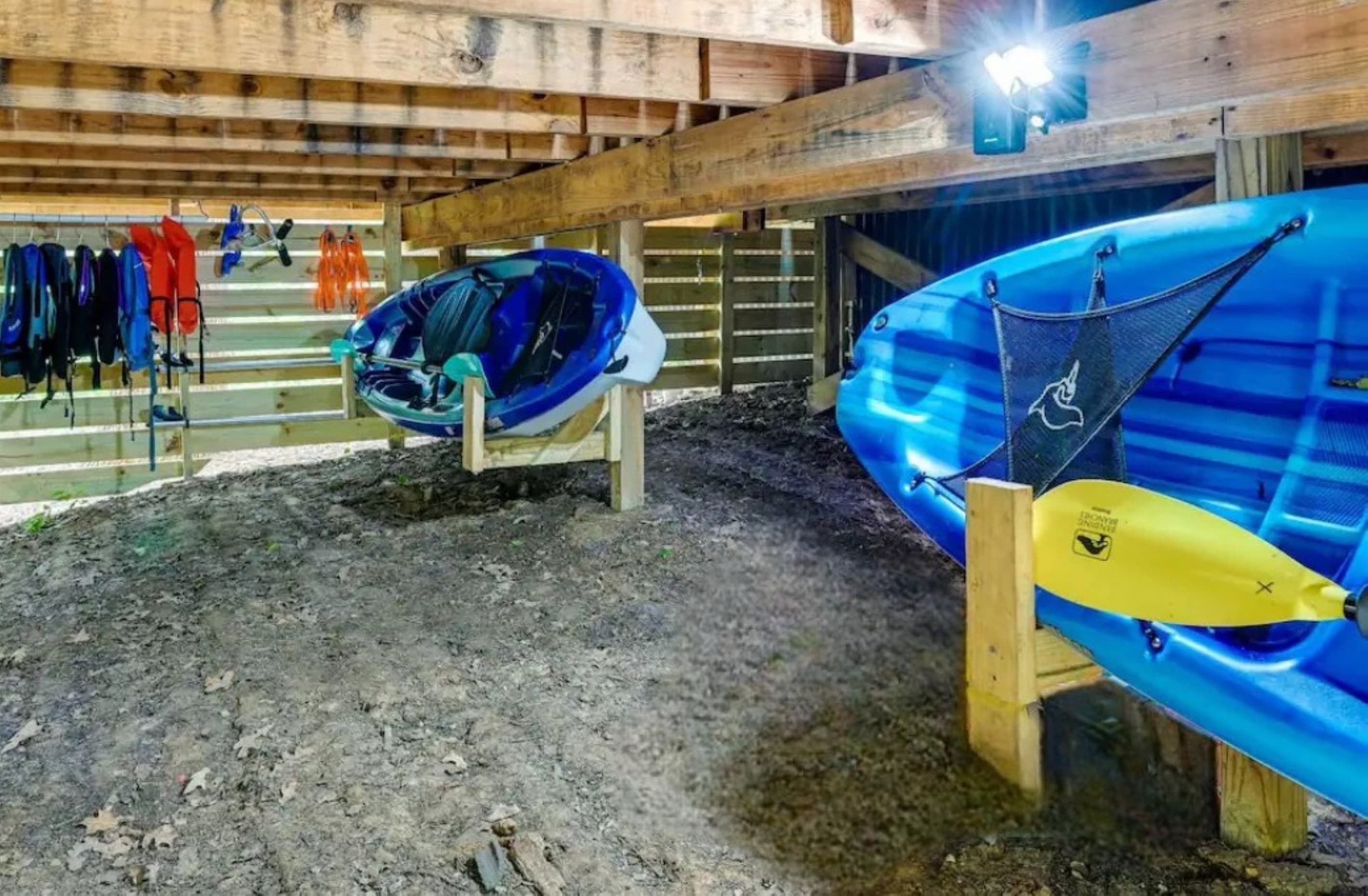 Under Deck Storage | Yard Games | 2 Kayaks & Life Vests | Easy Car Transport Rack and Straps for the Kayaks
