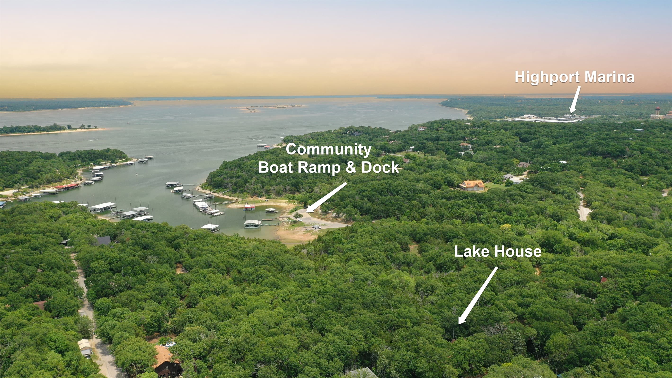 Arial View of Property & Neighborhood Boat Ramp | Highport Marina in Distance | *Lake water clarity & levels fluctuate throughout the year.