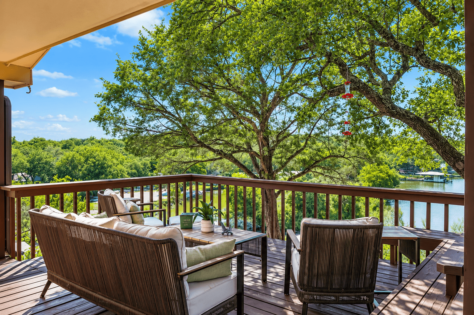 Furnished deck seating with peaceful Lake Granbury views.