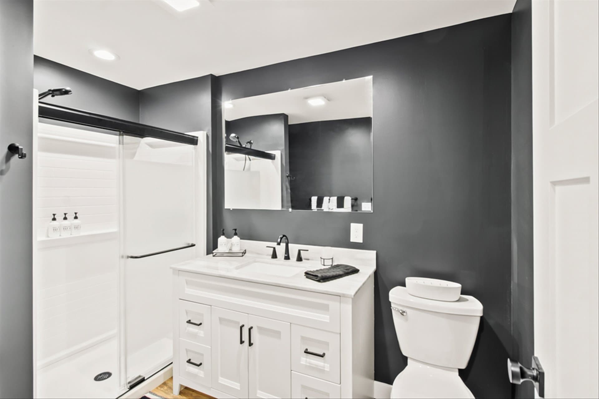 The Loft on Waterbury - Bathroom with large vanity mirror, 48" vanity with hair dryer, make-up mirror, make-up removal wipes