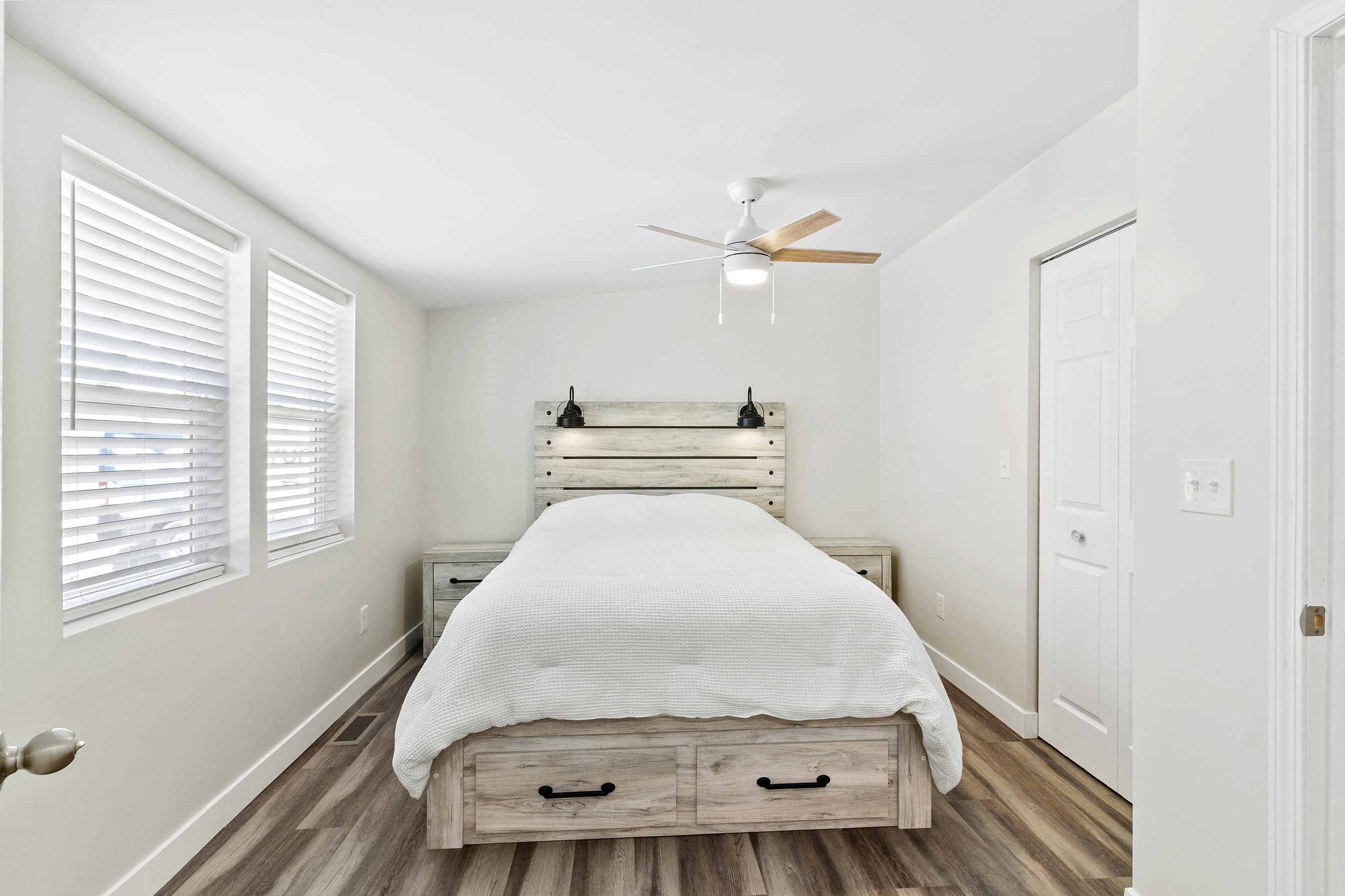 The Waterbury Way - Primary BR Queen Bed with Built-In Reading Lamps and storage drawers