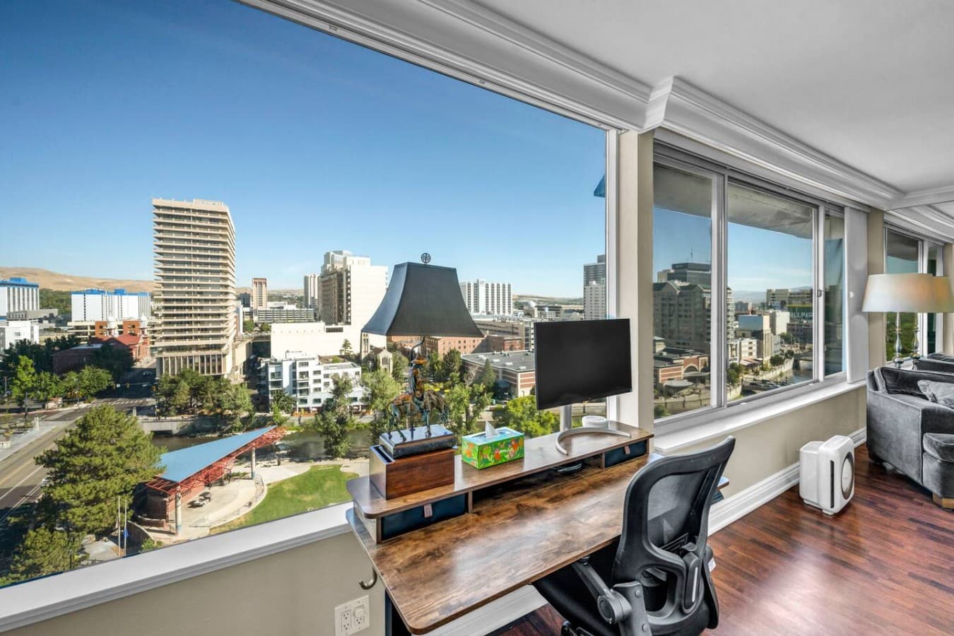 Your office for the stay — with downtown Reno right outside the window.
