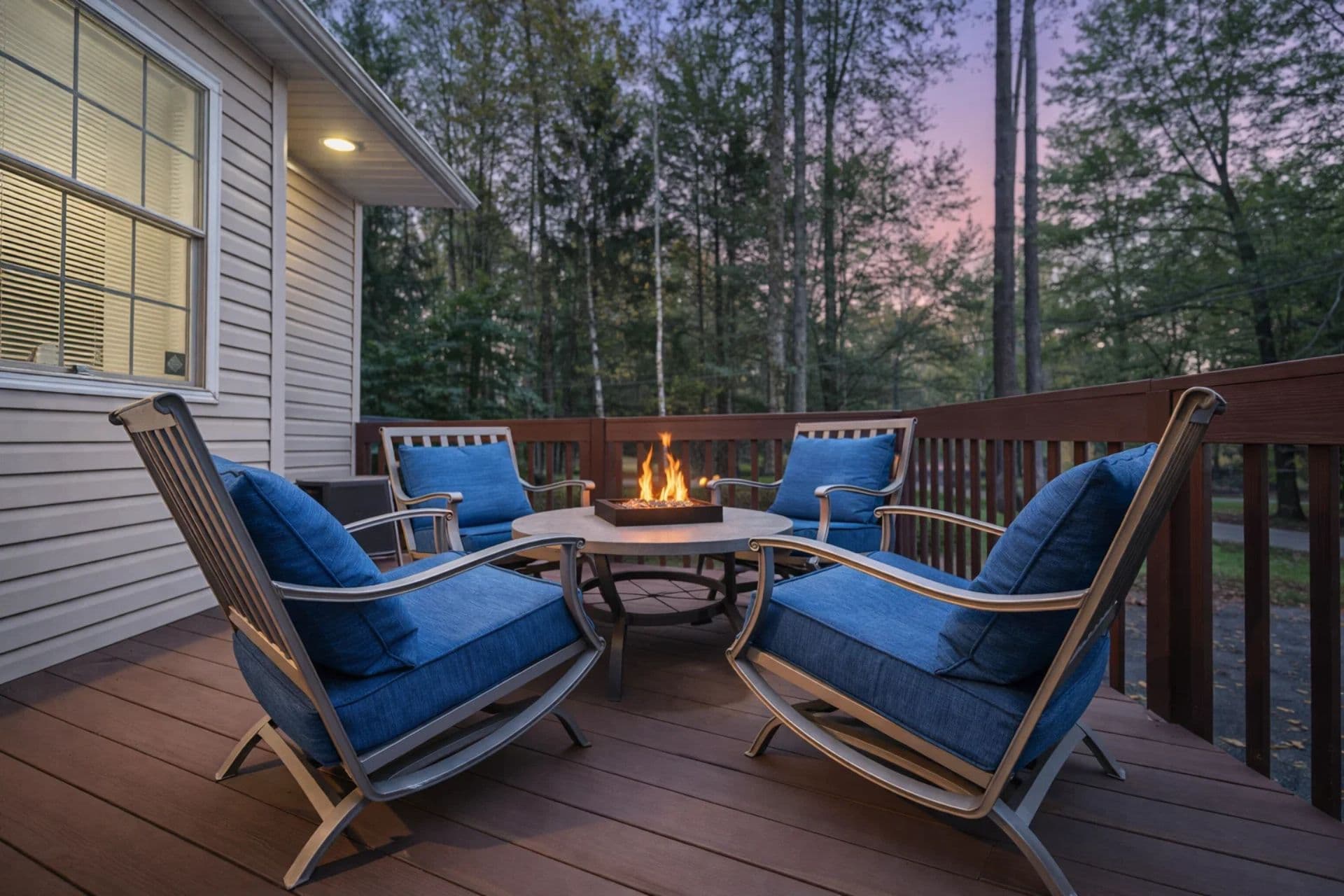 Outdoor Retreat: Unwind by the fire with lush forest views and comfy seating for memorable evenings!