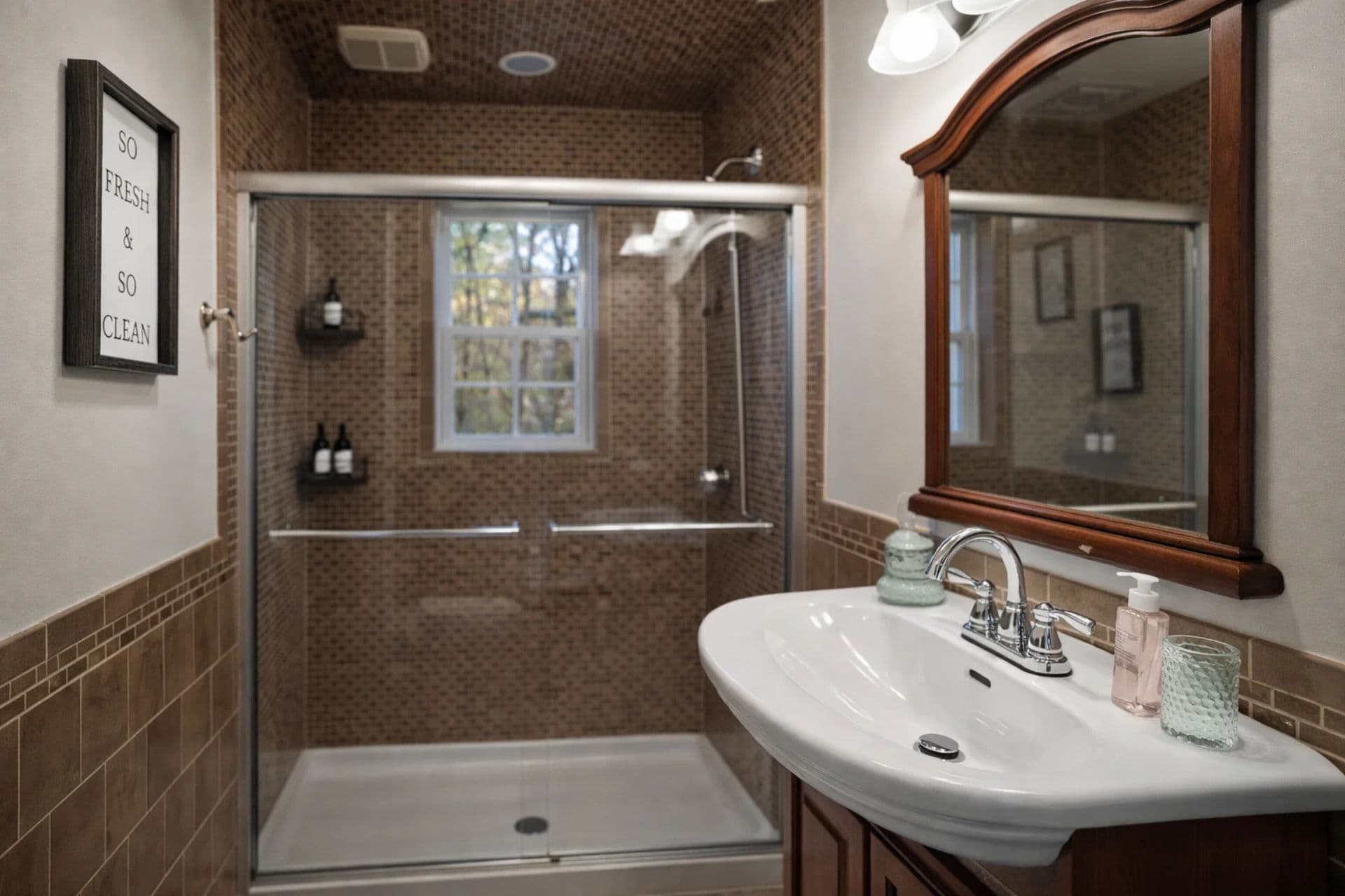Spa-Like Retreat: Modern bathroom with sleek fixtures, rich tiles, and natural light for rejuvenation!
