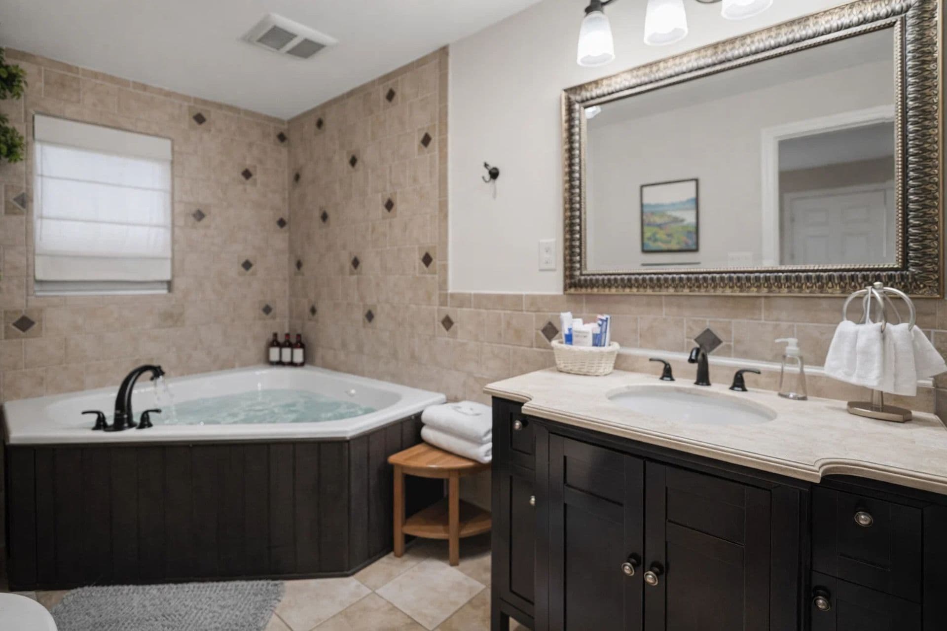 Master Bathroom: Indulge in luxury with a relaxing whirlpool tub and elegant decor!
