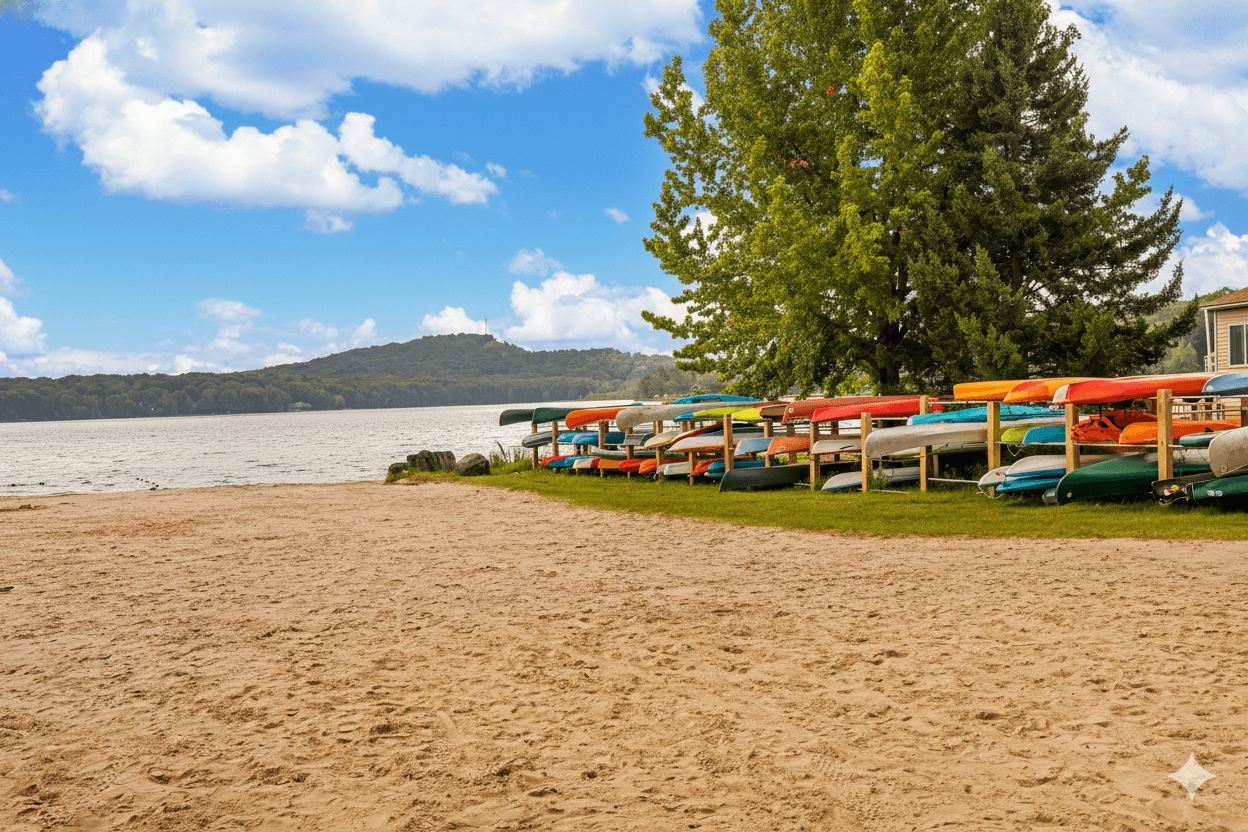 Lakeside Adventure: Experience vibrant kayaks ready for your next water escapade!