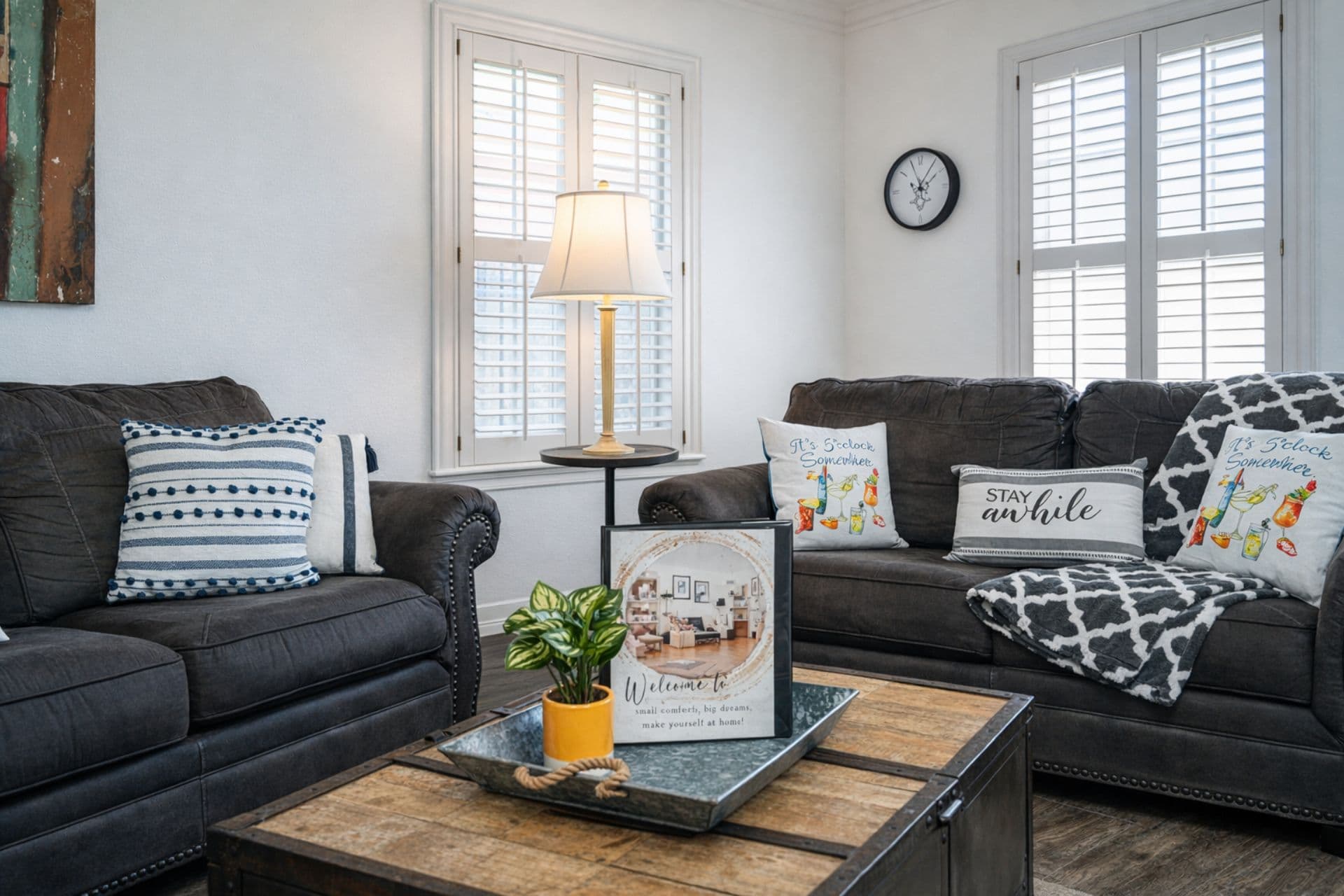 Living Room Oasis: Bright and inviting space with stylish decor perfect for relaxing after beach adventures!