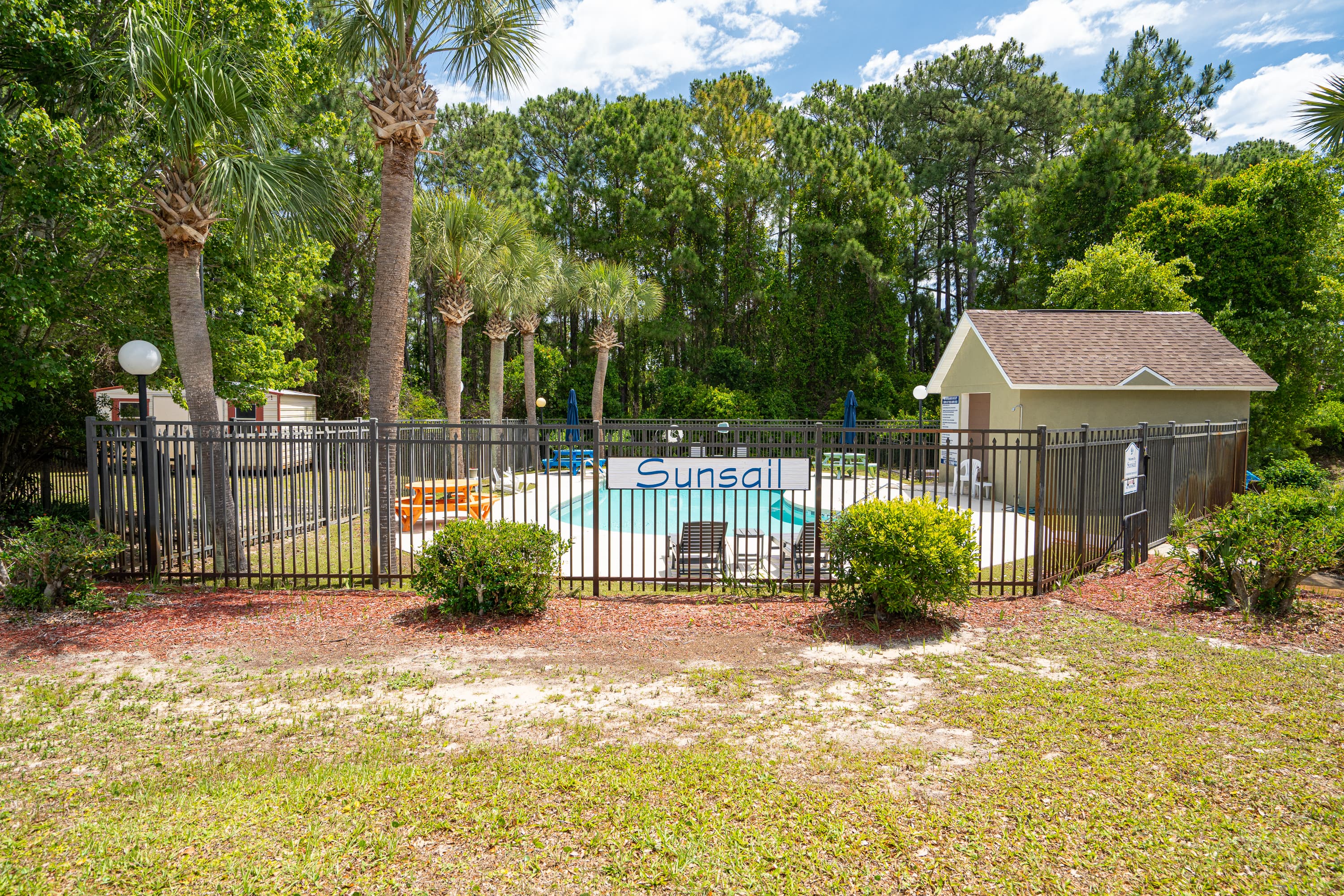 Sun-soaked Pool Area: Dive into relaxation surrounded by swaying palms and sunny skies!