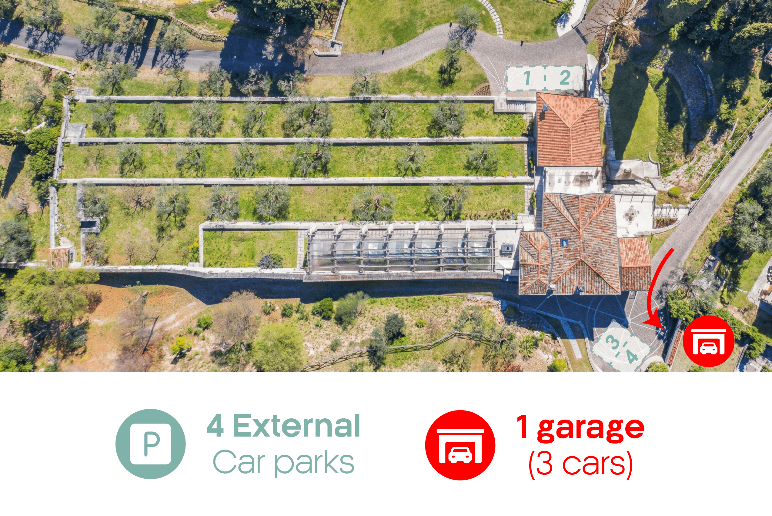 The covered garage and outdoor parking spaces on the property
