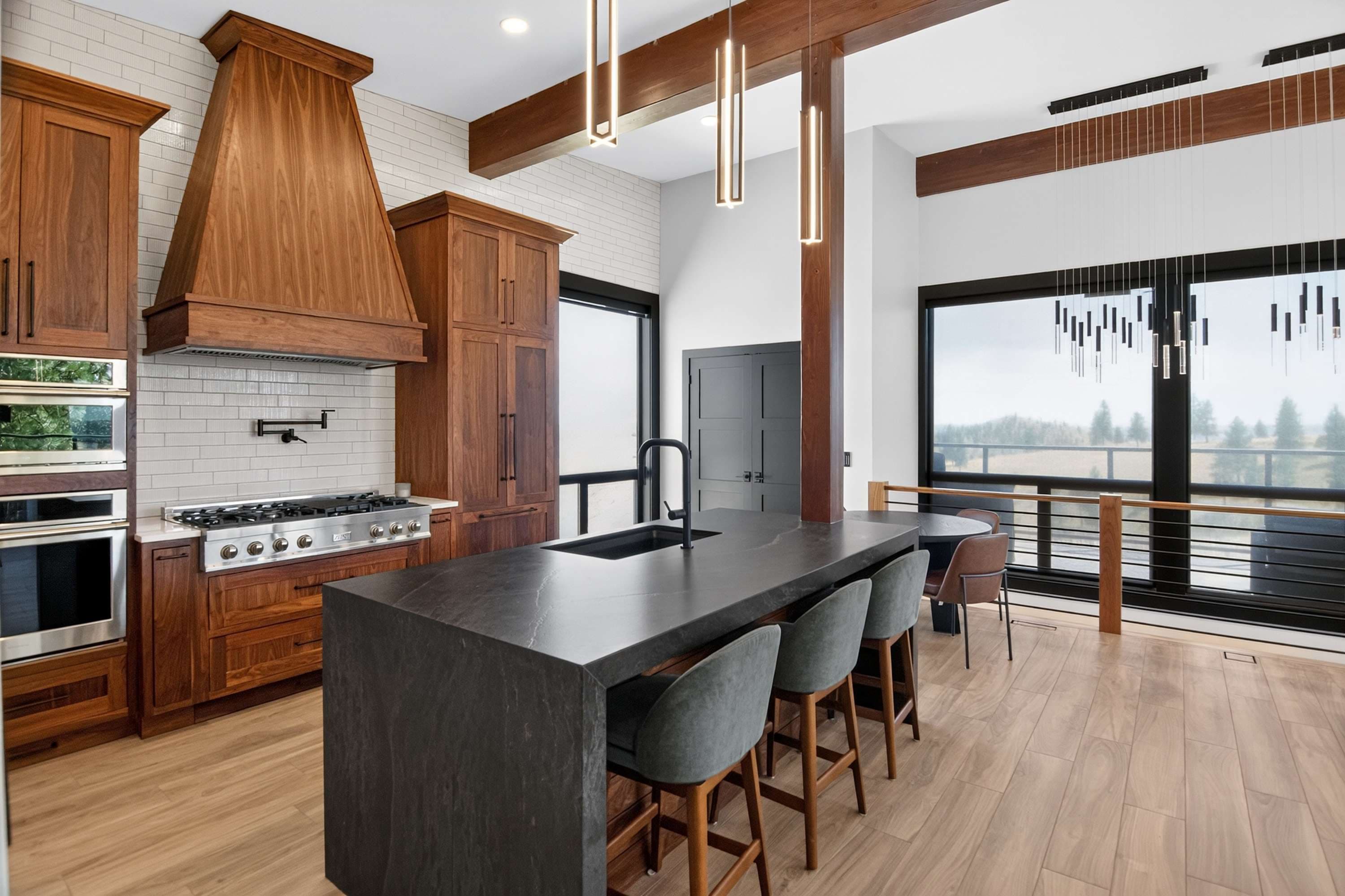 Walnut kitchen with seating area