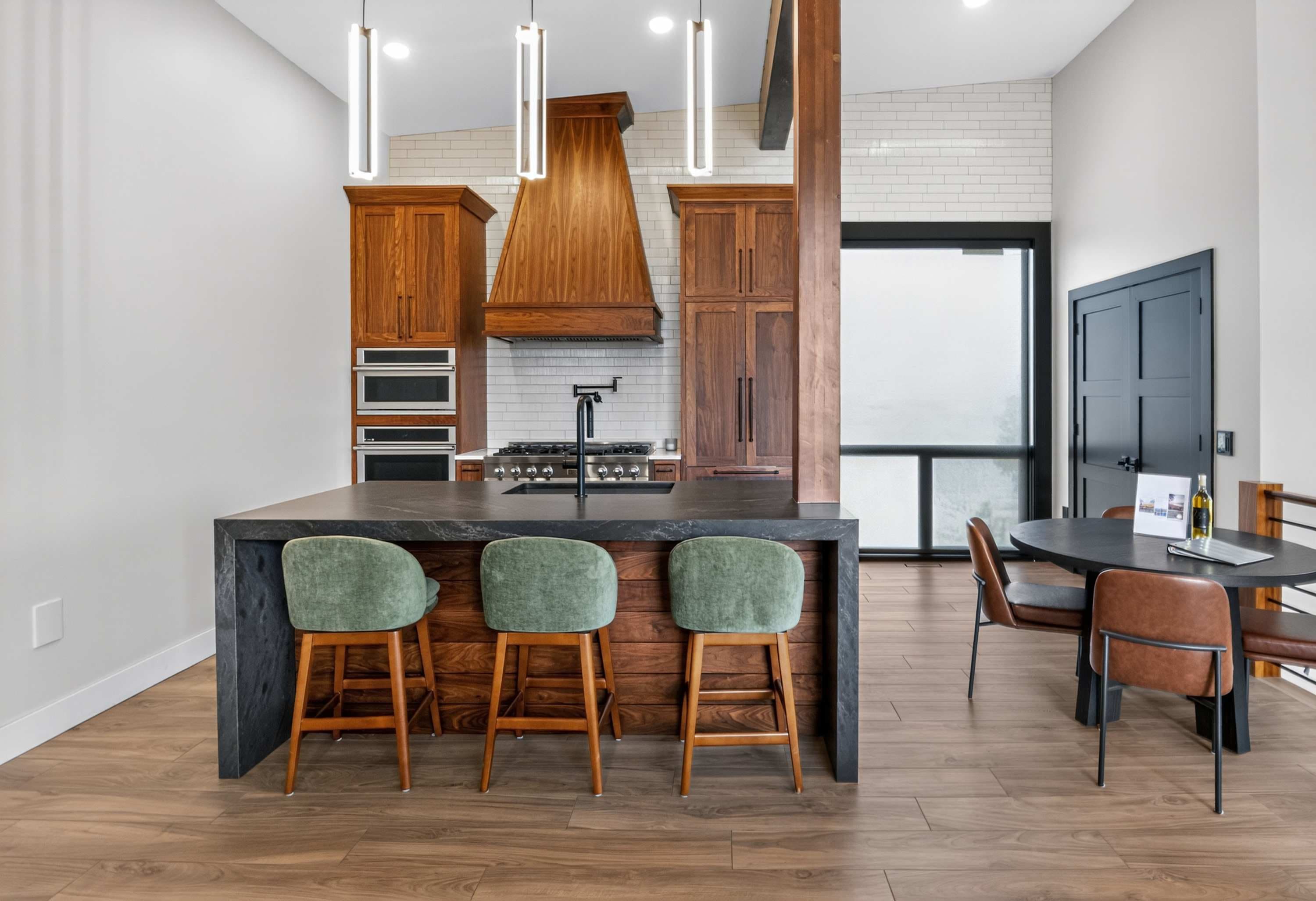 walnut kitchen with seating area