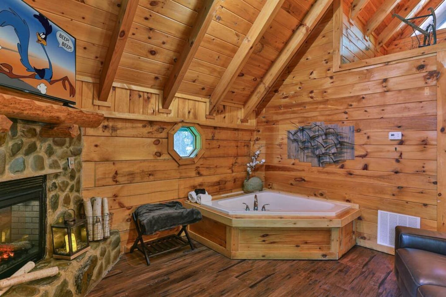 Enjoy the ambiance of the electric fireplace and candles while soaking in the tub or watching tv.
