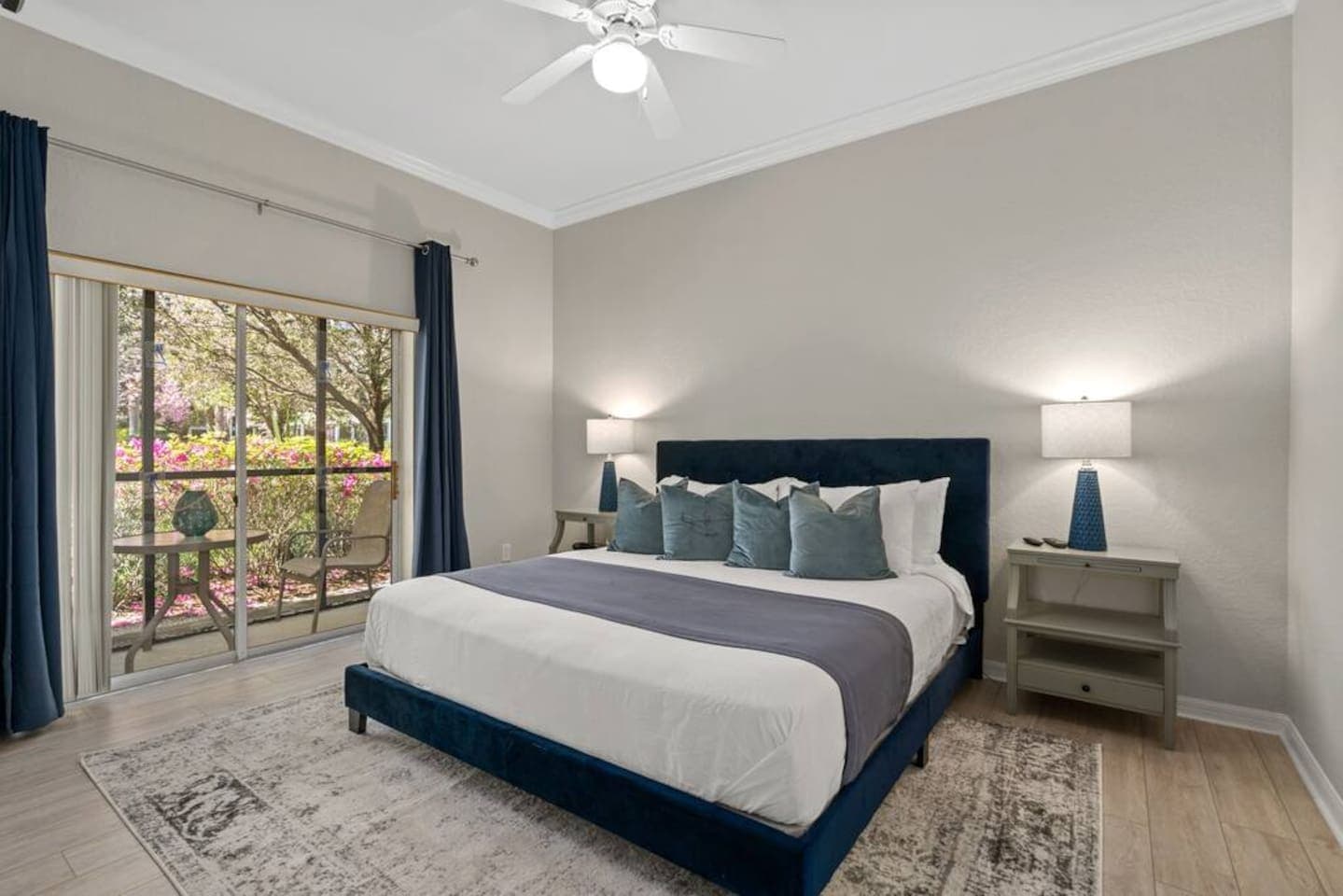 Master bedroom has a king sized bed