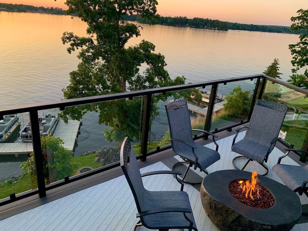 Great gathering space with a beautiful view and gas fire to enjoy in the Spring, Summer, and Fall. The chairs are put away for the winter season.
