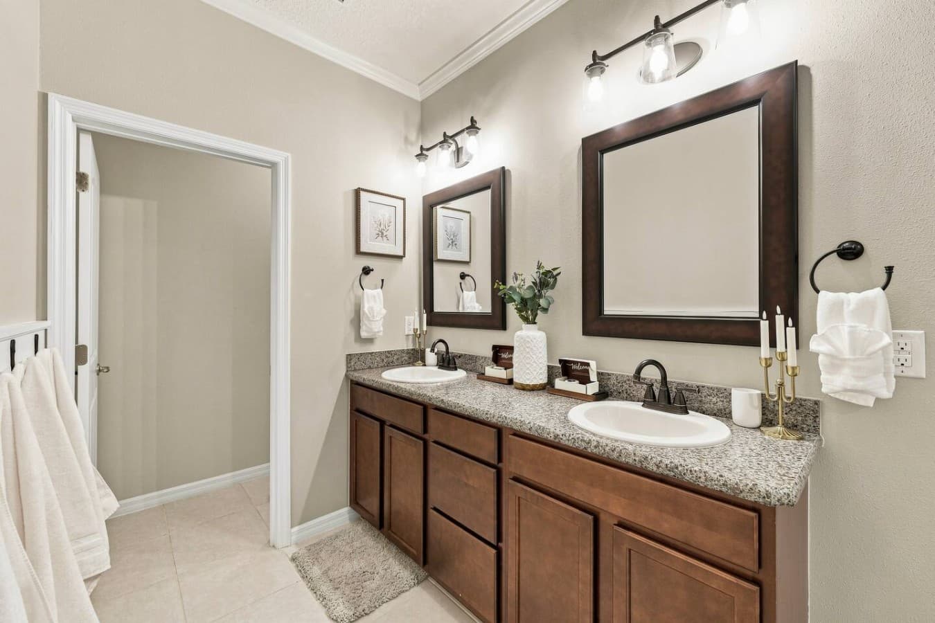 Enjoy the convenience of a double-sink vanity with plenty of space for getting ready.