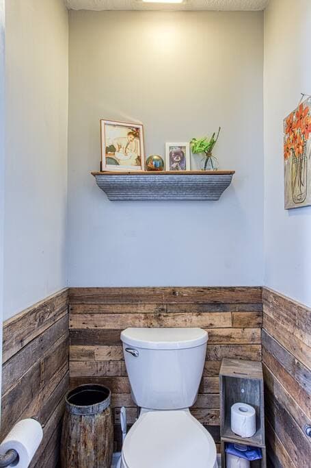Bathroom 2 toilet with recycled barn wood.
