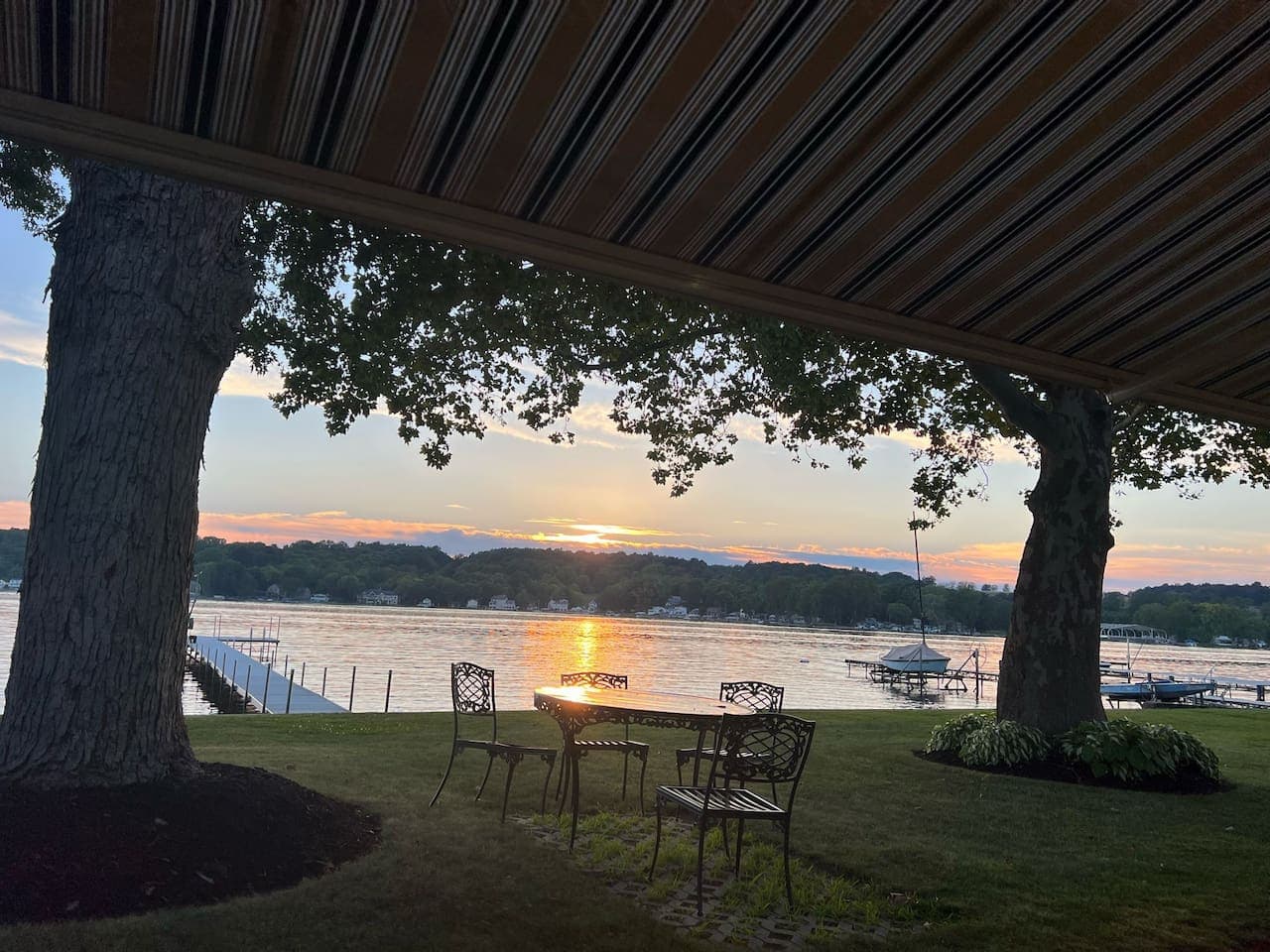 Sunset over the lake from the covered porch