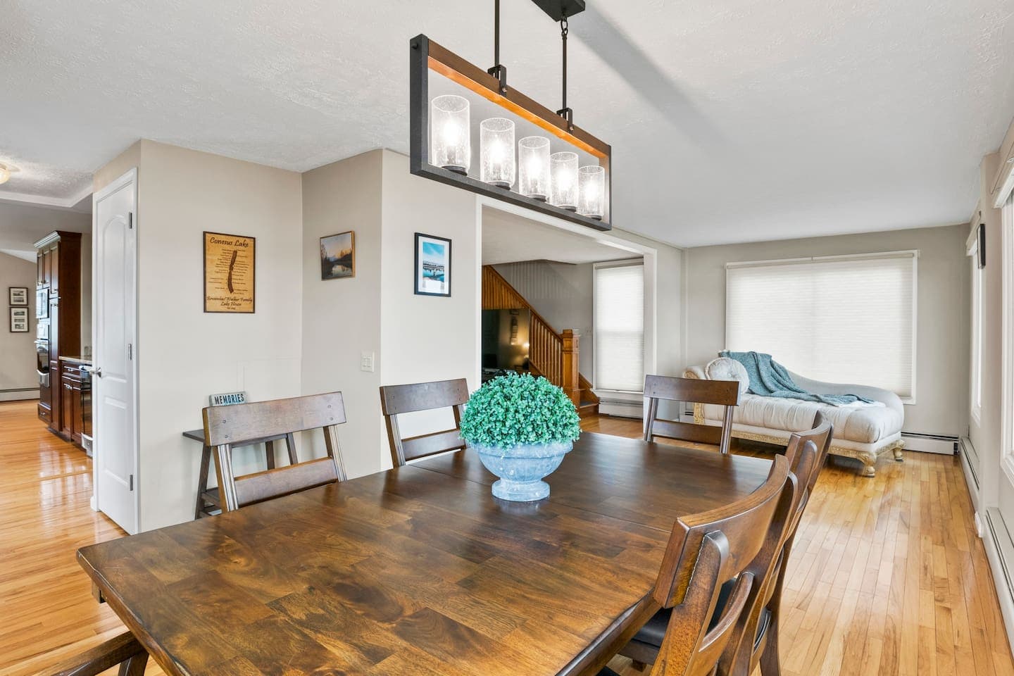 Dining nook beneath pendant light