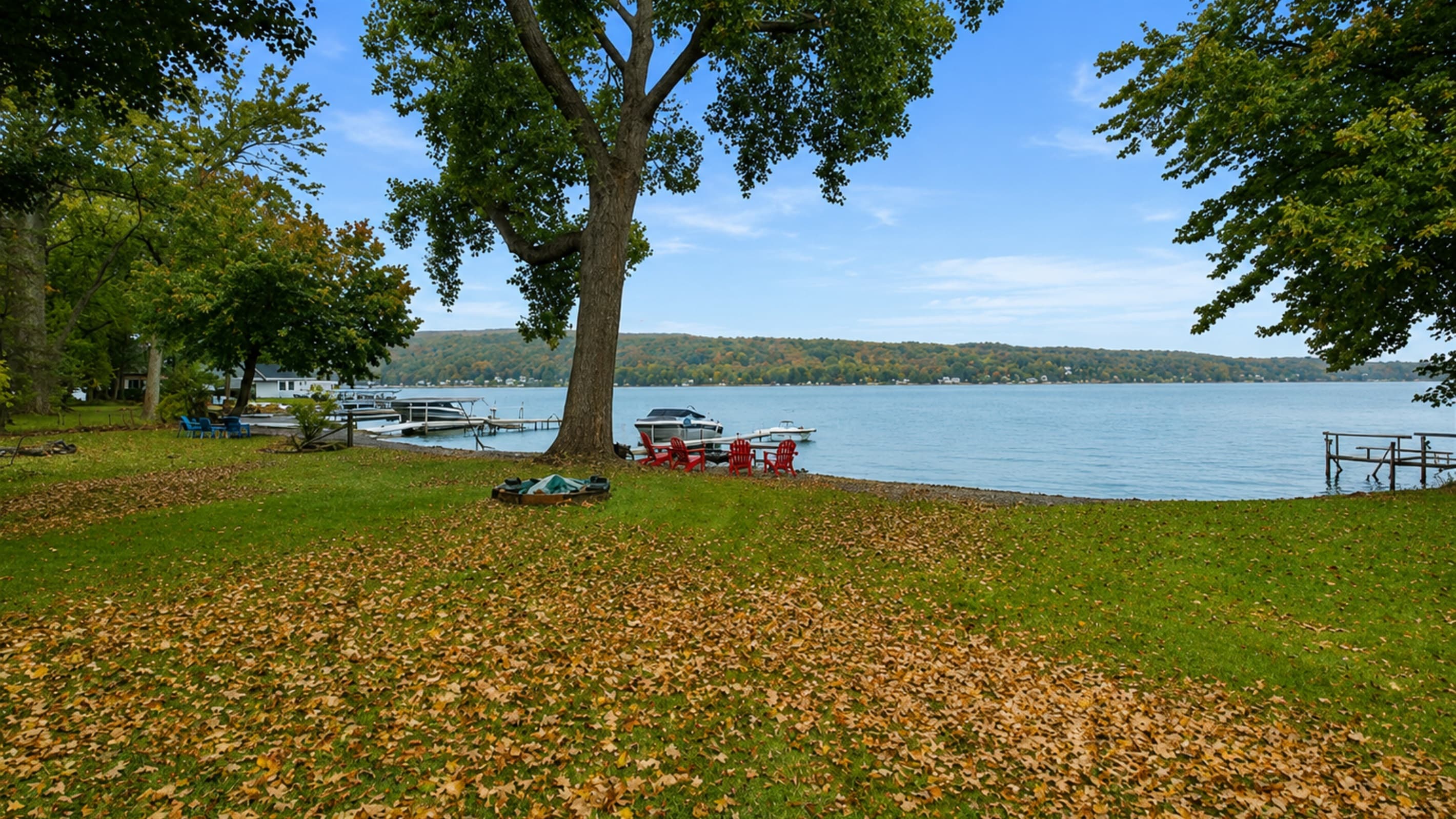 Grassy shoreline with open lake access