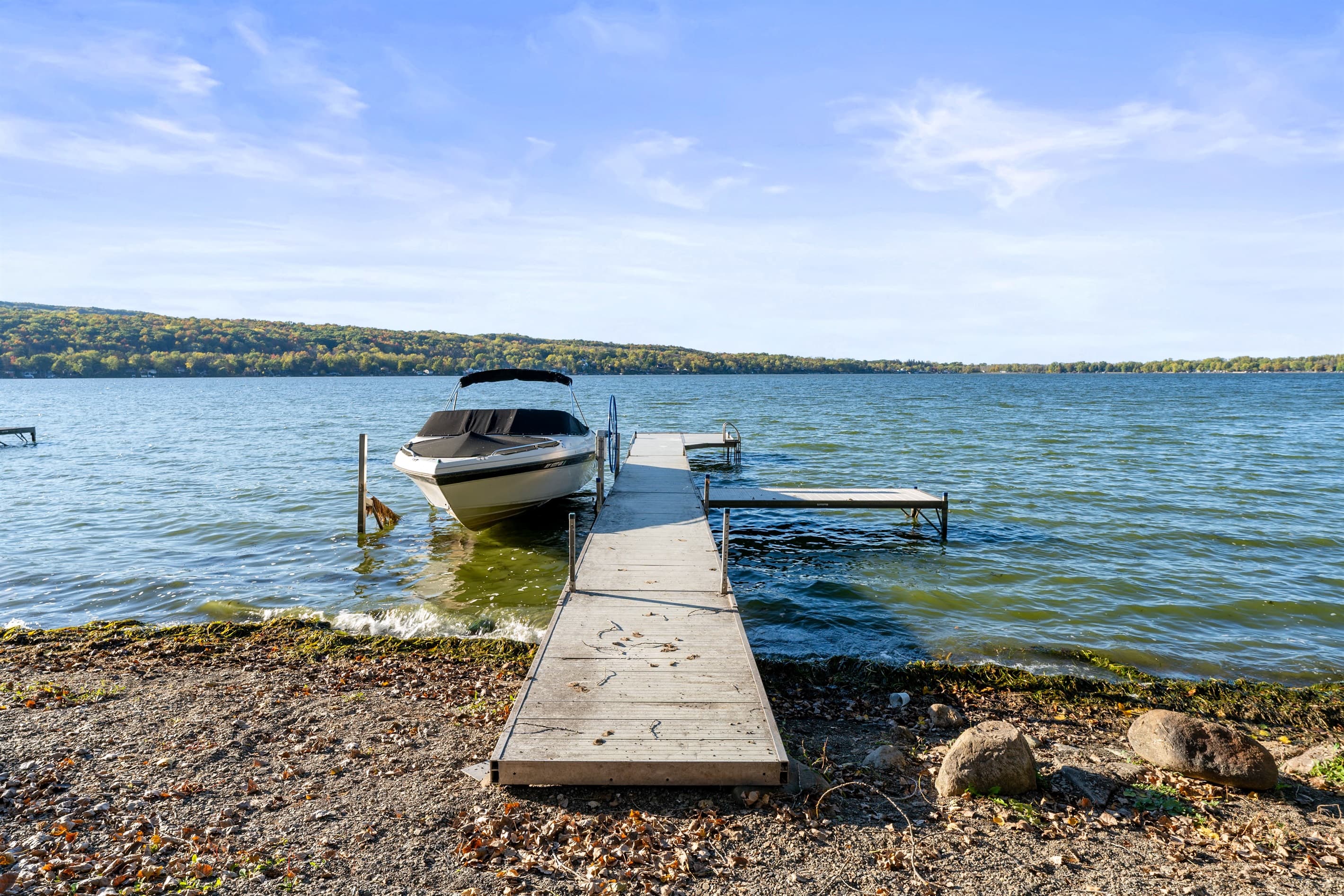 Wooden dock with boat lift