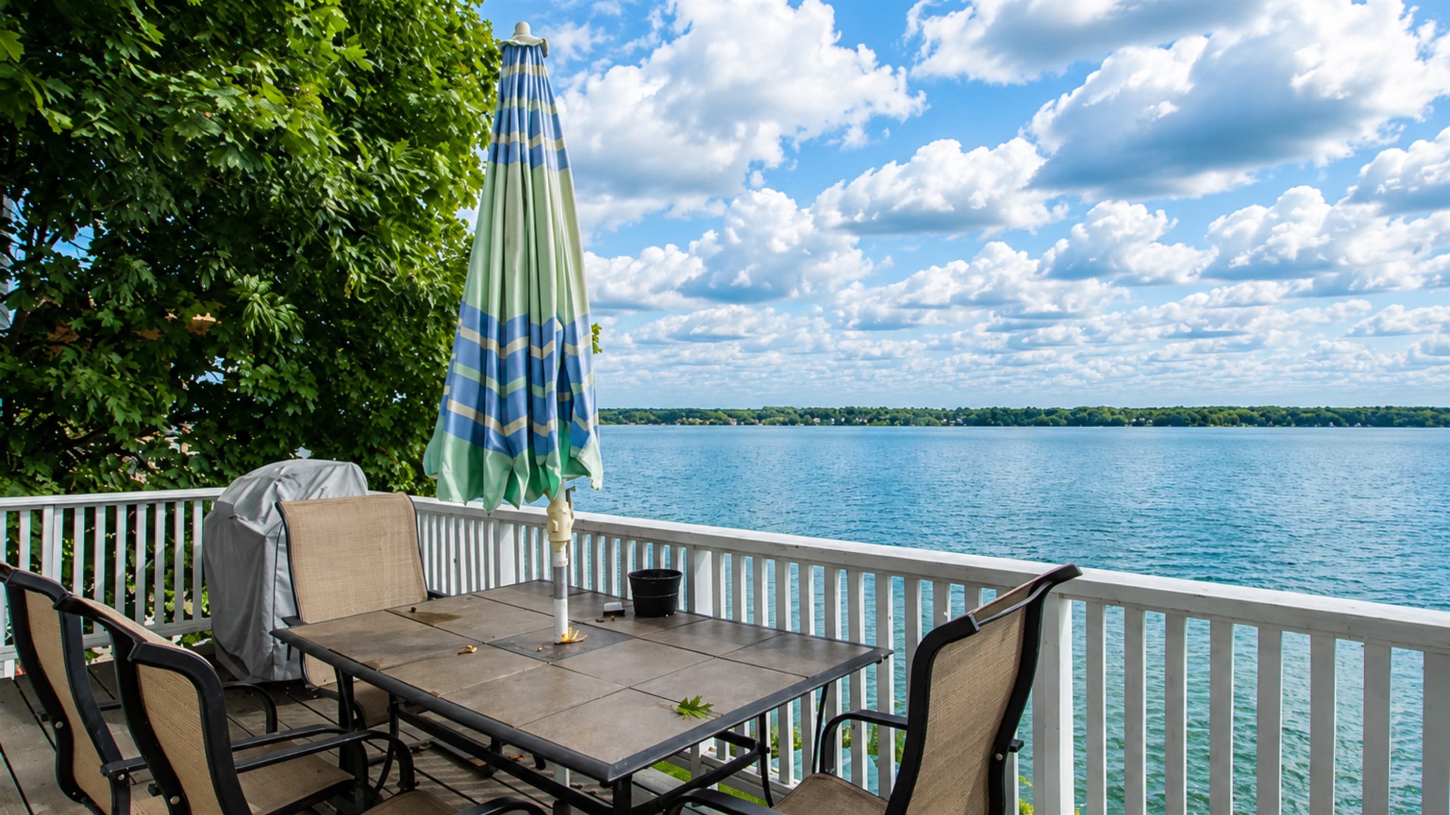 Deck seating with an open lake view
