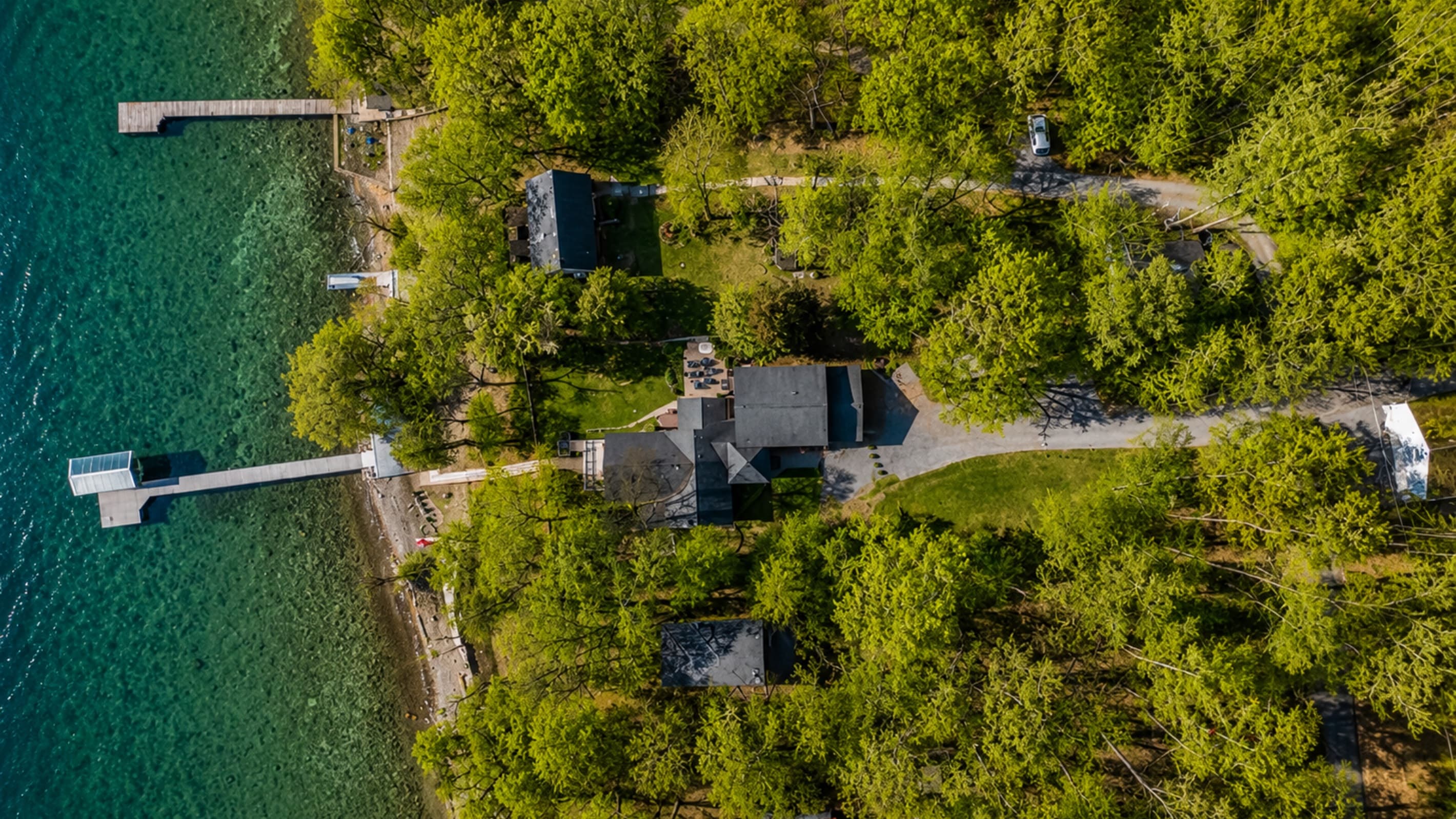 Aerial view of the wooded lakeside property