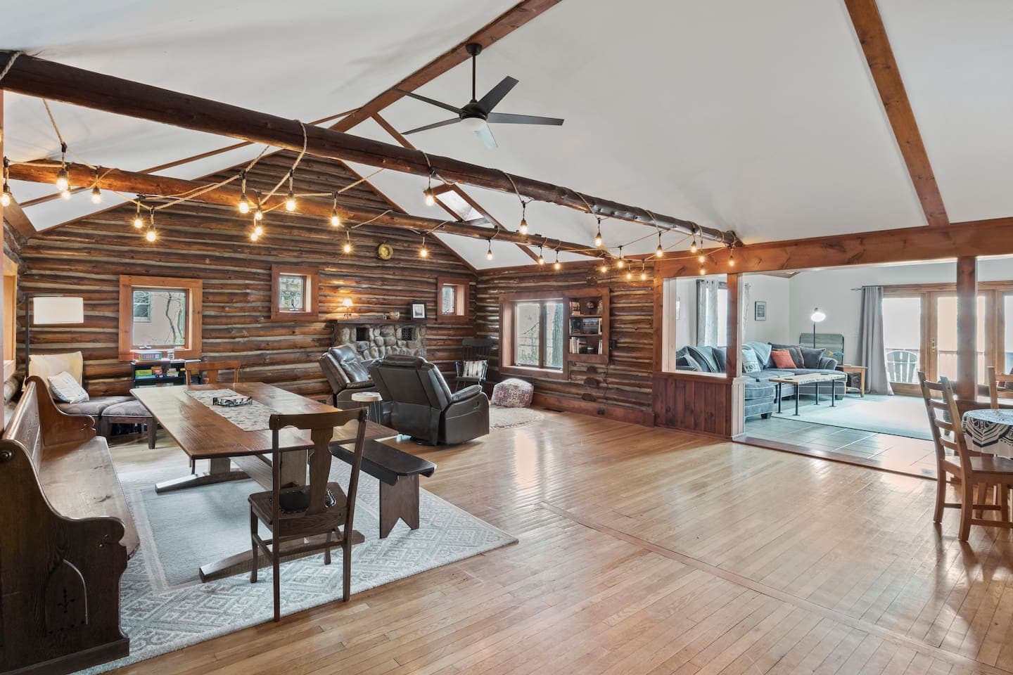 Second-floor living room with exposed wood beams