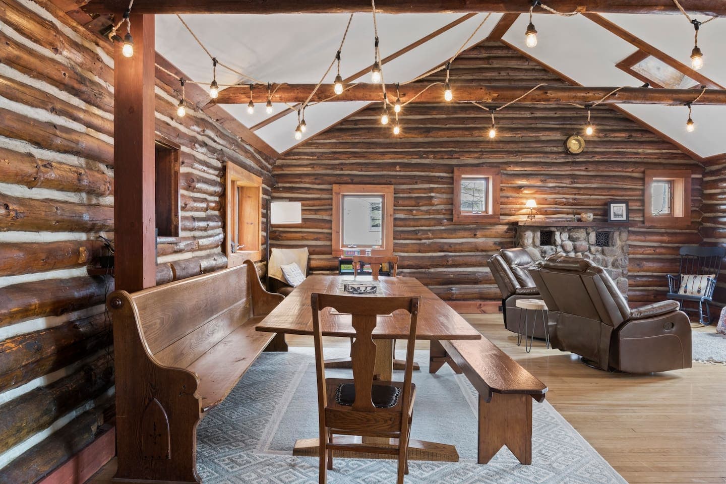 Second-floor cabin living room with dining area