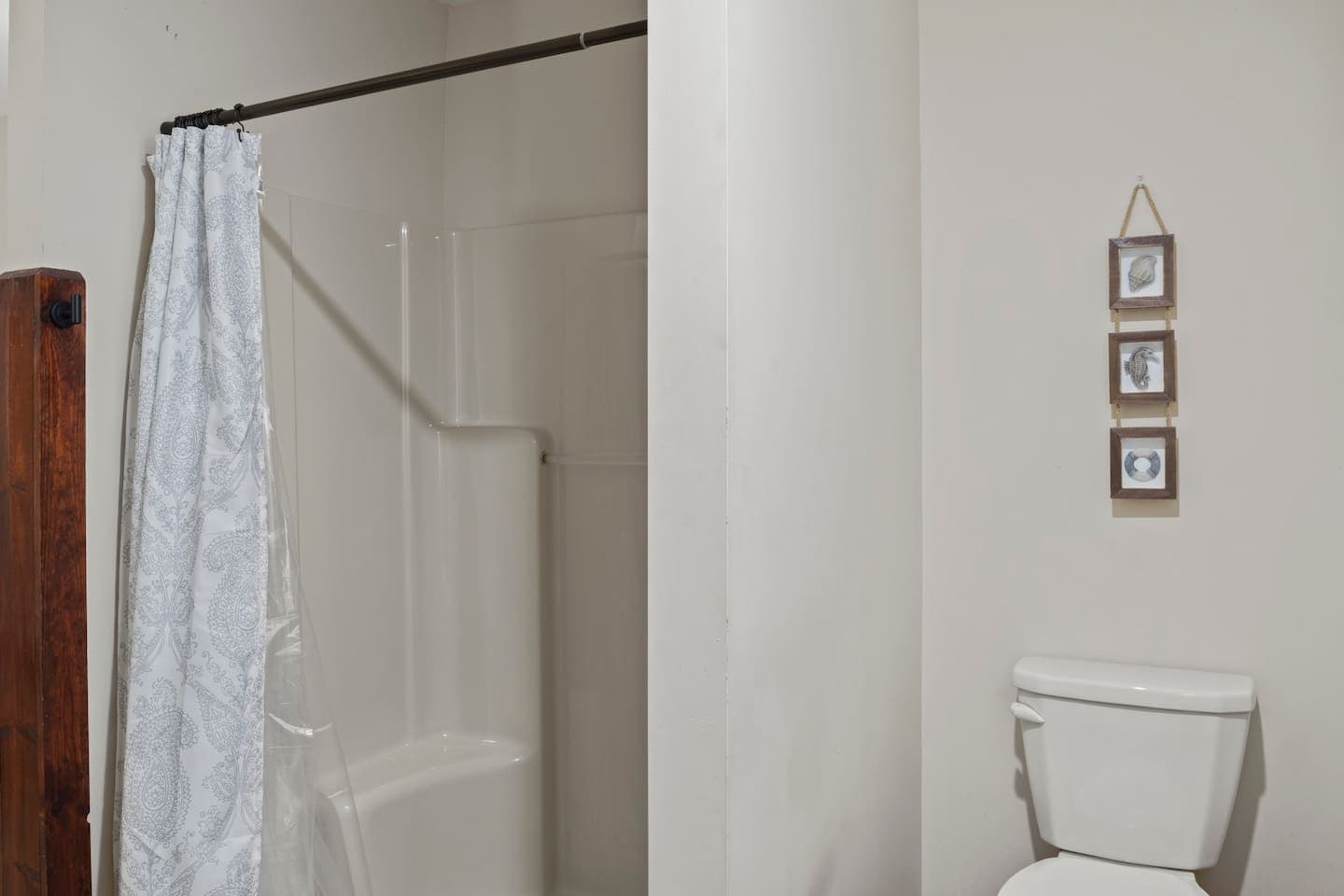 Shower curtain-enclosed shower with toilet