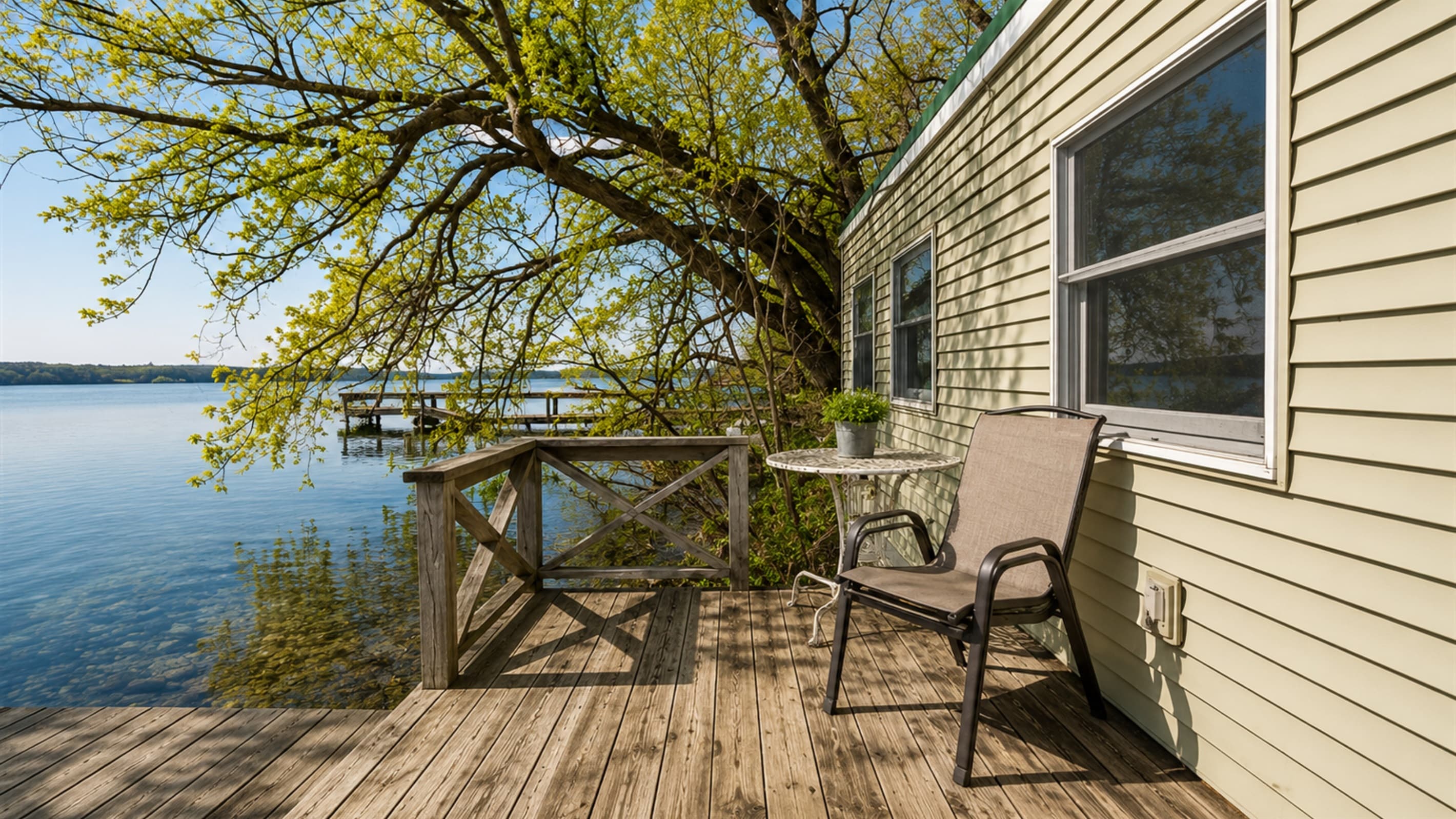 Lakeside boathouse with elevated deck