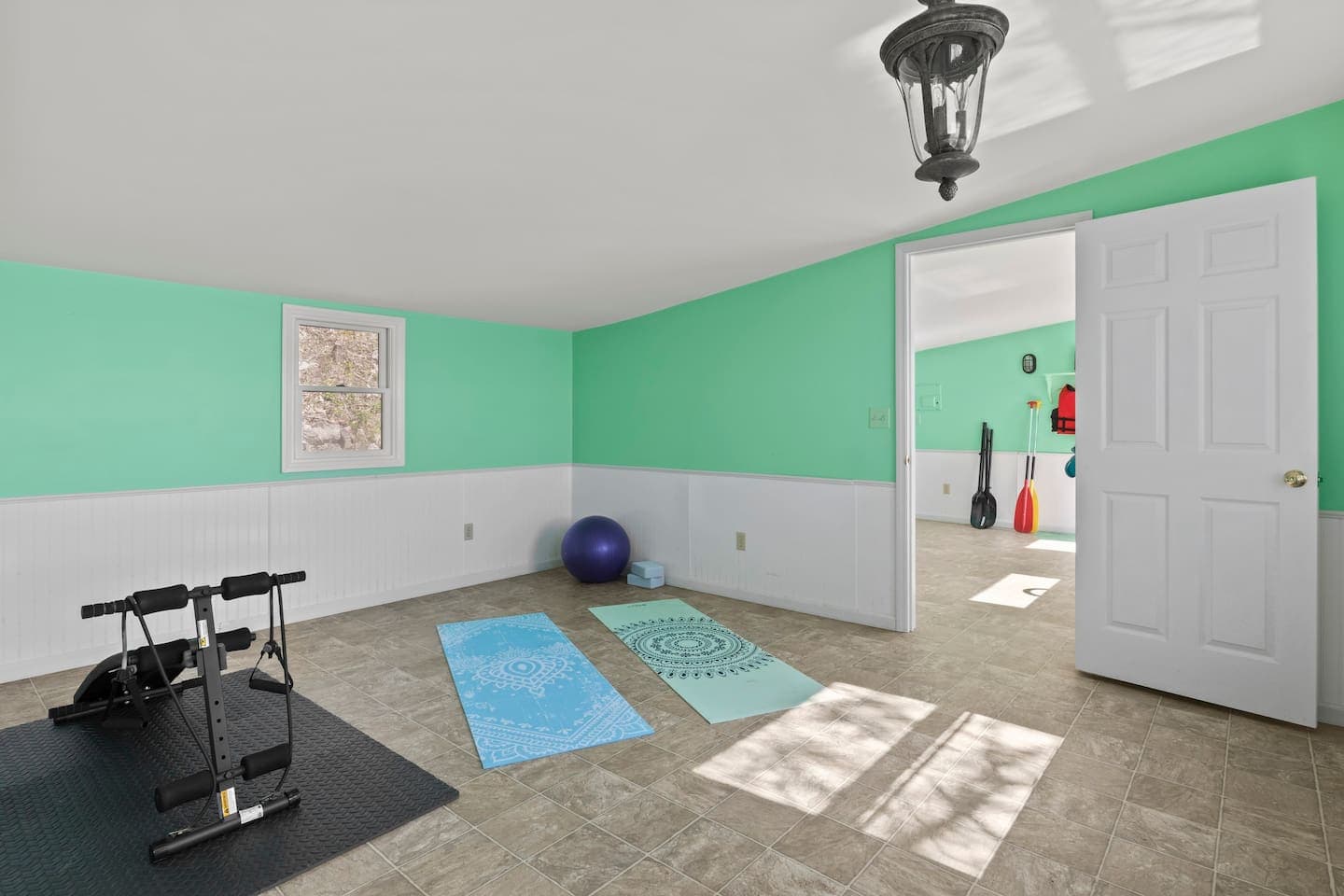 Boathouse recreation room with exercise equipment