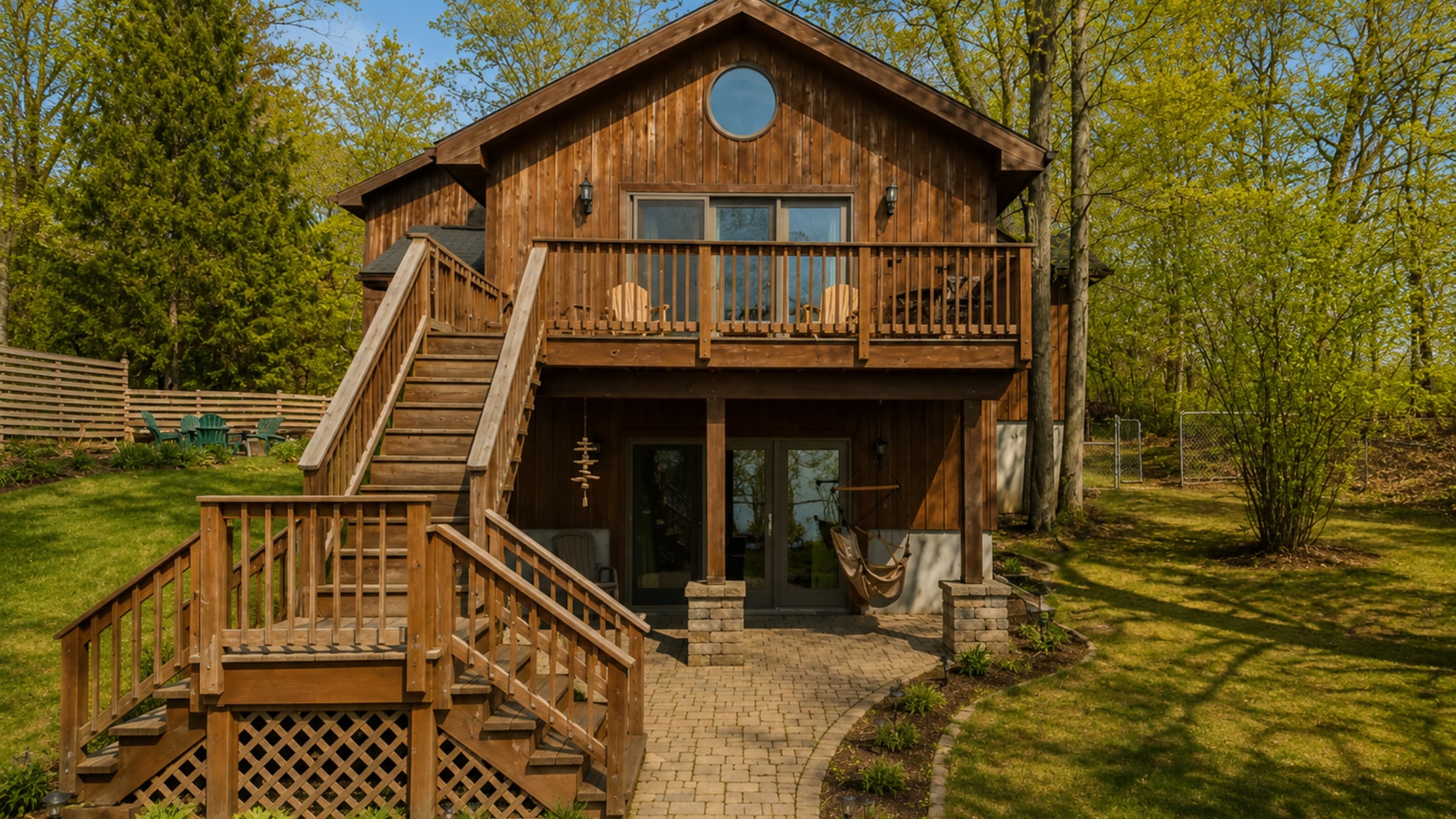 Wood cabin exterior with front deck