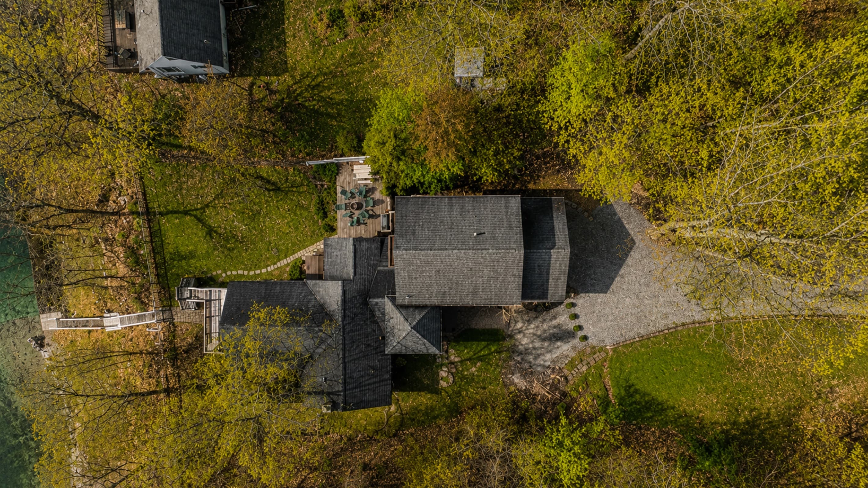 Aerial view of the wooded property