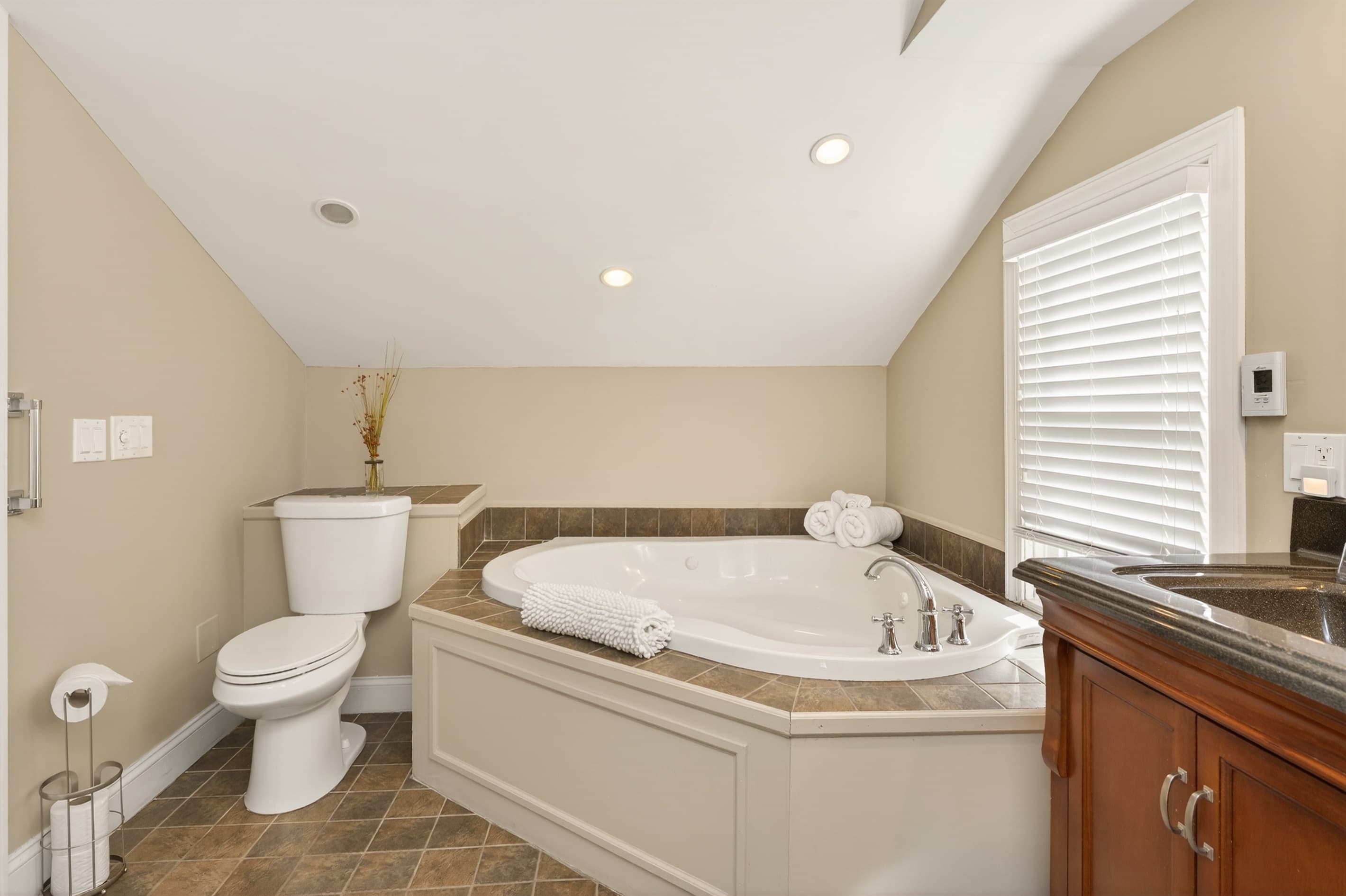 Bathroom with toilet, bathtub, and vanity