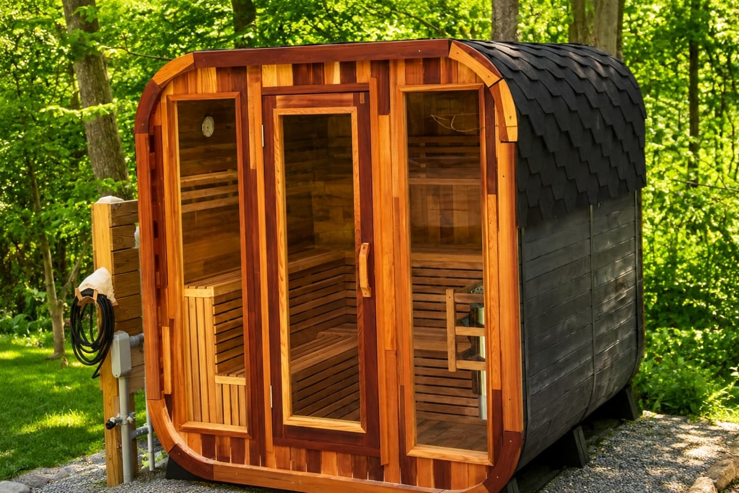 Outdoor barrel sauna beside the cabin